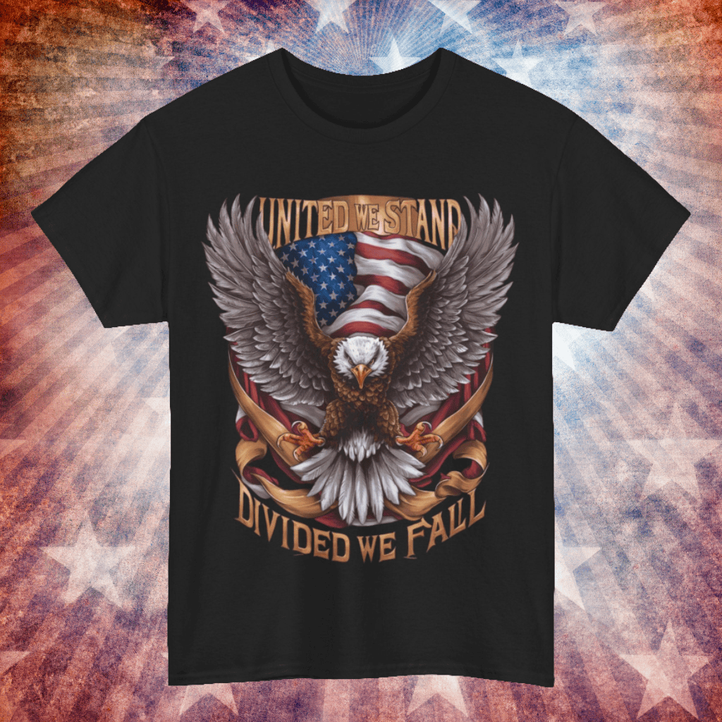 Unisex Heavy Cotton Tee - AMERICA - FLAG AND EAGLE - UNITED WE STAND, DIVIDED WE FALL