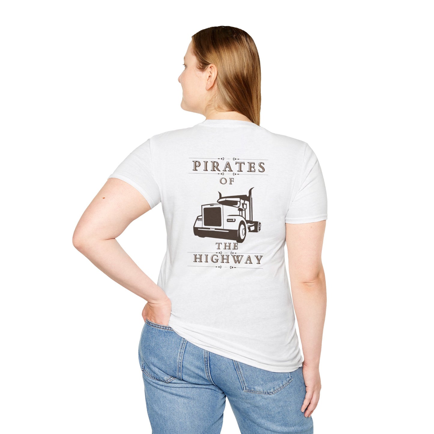 Dressed in a unisex softstyle t-shirt that showcases the iconic "Pirates of the Highway" design with a brown long nose truck graphic on the back, this stylish choice pairs effortlessly with jeans. Made from 100% cotton, it offers both comfort and durability.