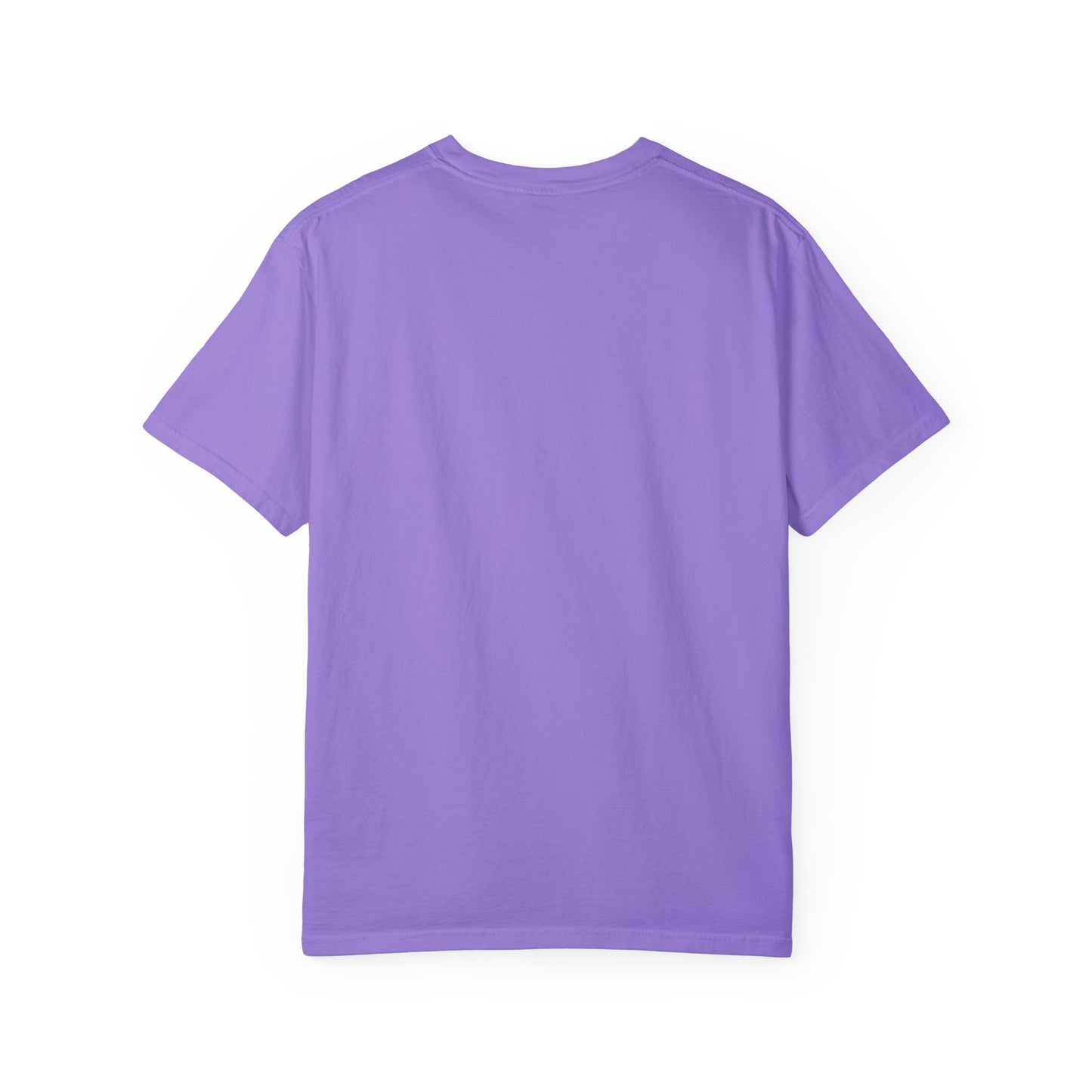 The Unisex Comfort Colors 1717 Garment-Dyed T-Shirt, named "Living that Mom Life," crafted from soft ring-spun cotton, is showcased from the back against a white background in a plain lavender shade.