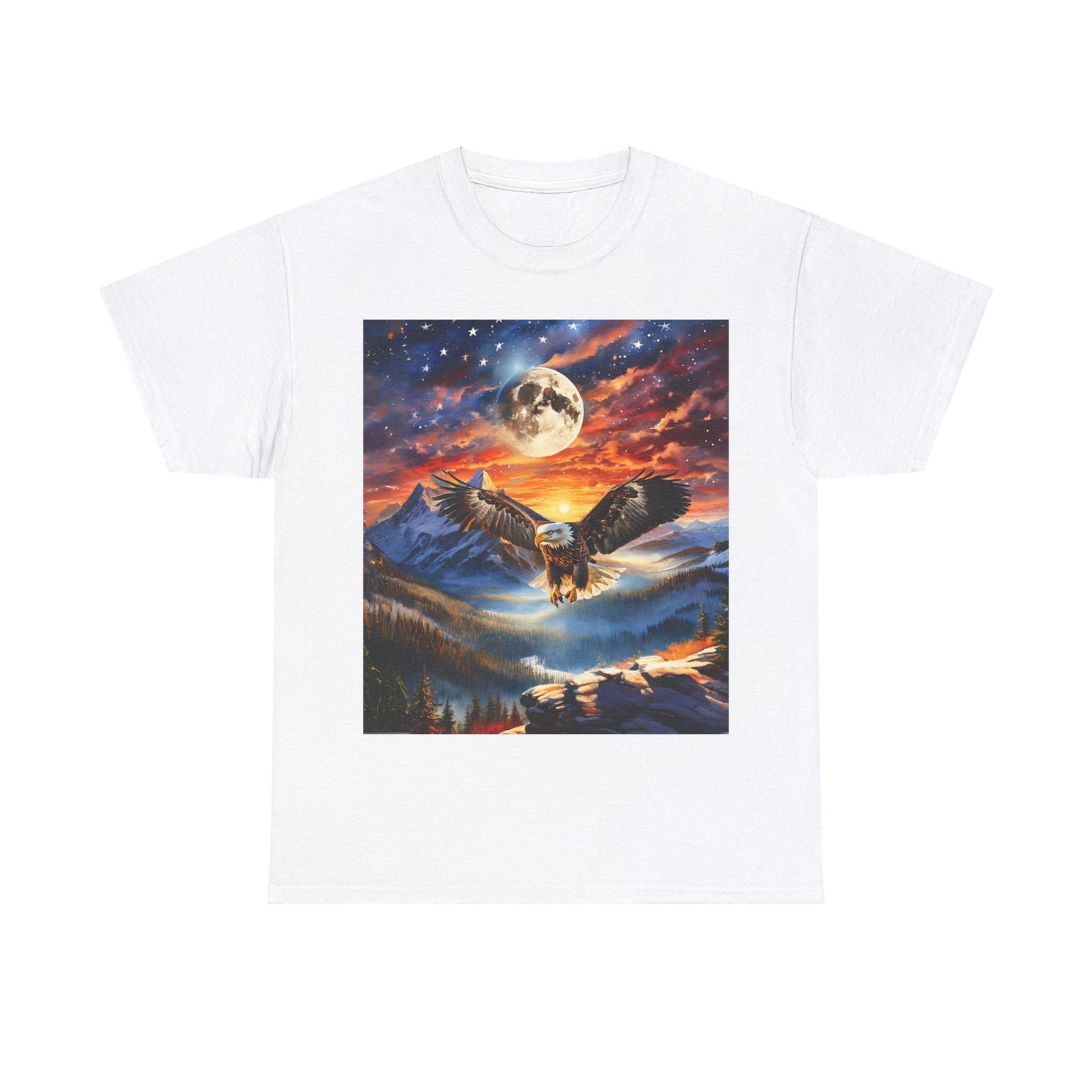 Unisex Heavy Cotton Tee - Stars, Stripes, and Soaring Spirit: A Bald Eagle's Tribute with a classic fit and a graphic design of an owl flying over a mountainous landscape at night, beneath a starry sky and full moon. Made from sustainably sourced cotton, this shirt combines comfort with eco-friendly style.