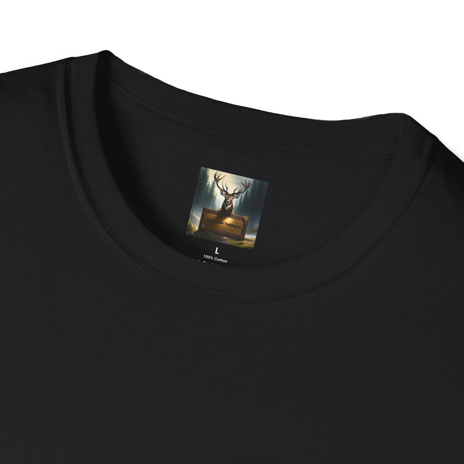 Unisex Softstyle black t-shirt crafted from 100% cotton, featuring a large tag with an image of a red truck labeled "Pirates of the Highway" alongside a van.