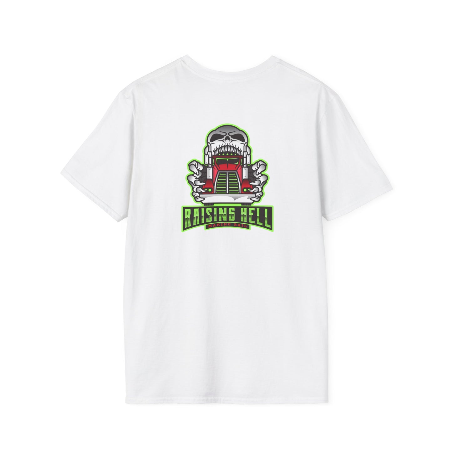 Unisex Softstyle T-Shirt- RAISING HELL- BIG RIG TRUCK WITH SKULL, RED AND GREEN