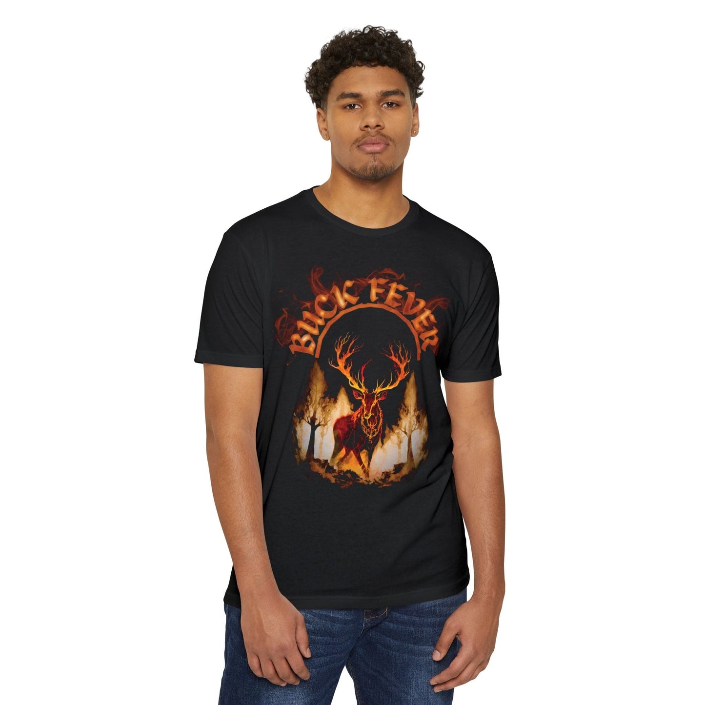 A man wearing a Buck Basin Trading 'Buck Fever' logo unisex CVC jersey tee, featuring a flaming stag design in black, stands against a plain white background—perfect for hunting enthusiasts and outdoor activities.