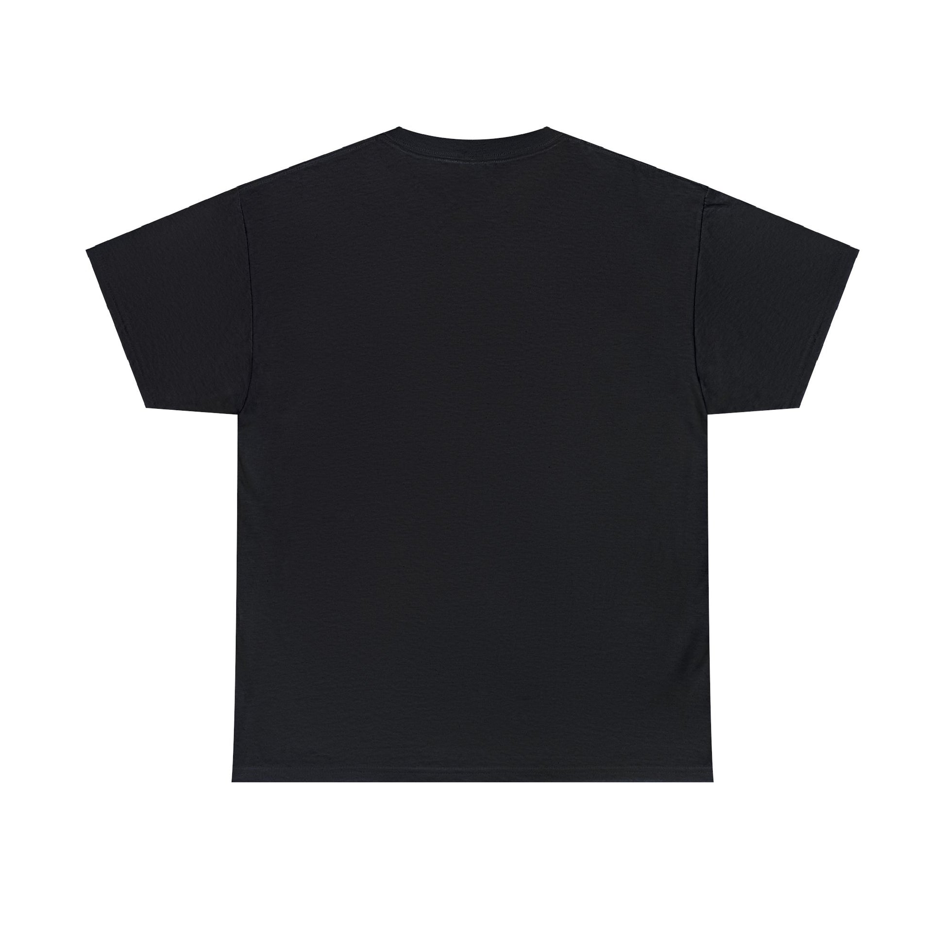 A plain black "Unisex Heavy Cotton Tee - MY DOGS NOT STUBBORN- BEAGLE2" is laid flat, showcasing the back view with short sleeves and a round neckline. Designed in a classic fit from 100% cotton, it represents timeless style and sustainable production methods.