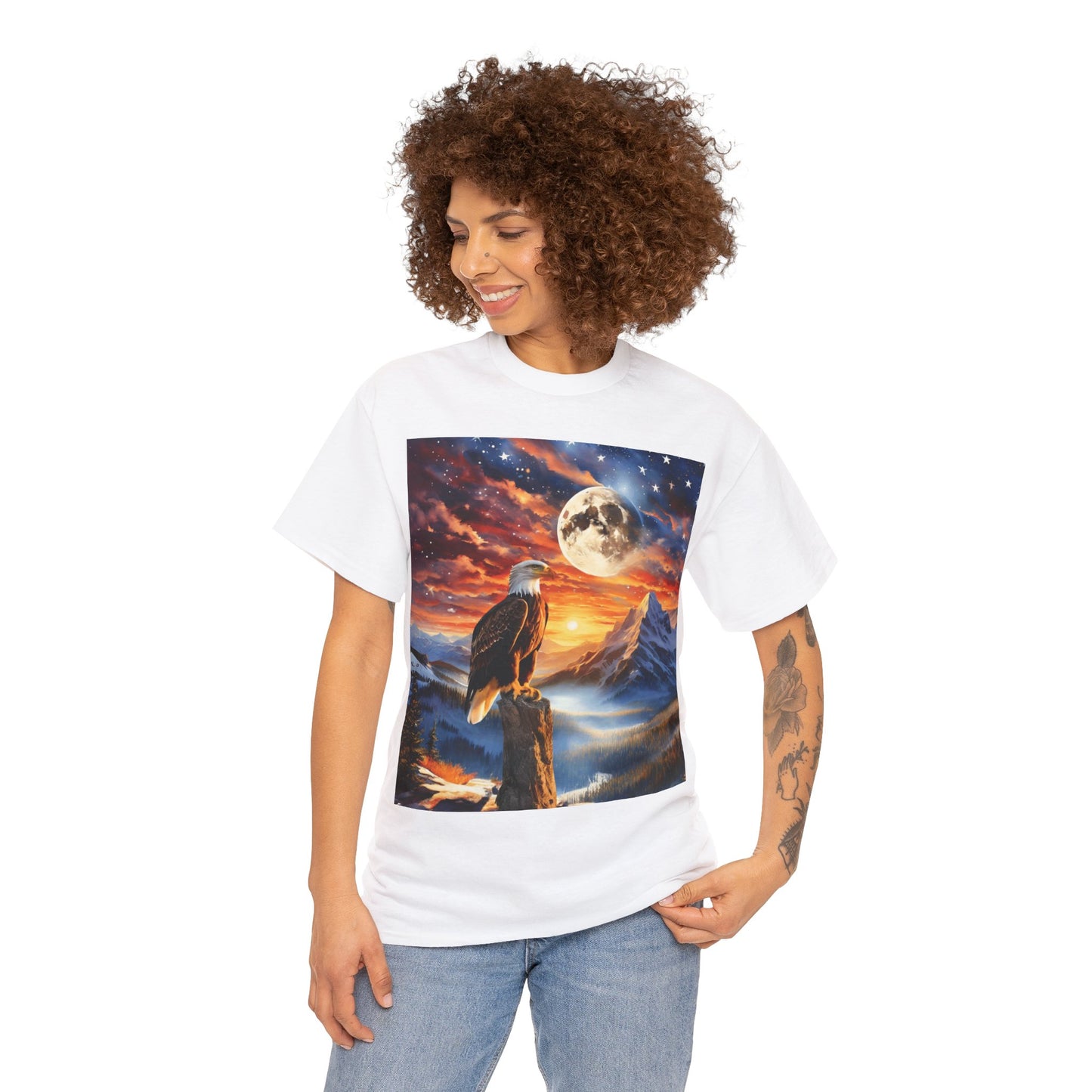 Unisex Heavy Cotton Tee - Unity's Watch: A Bald Eagle's Vigil Beneath the Stars and Stripes