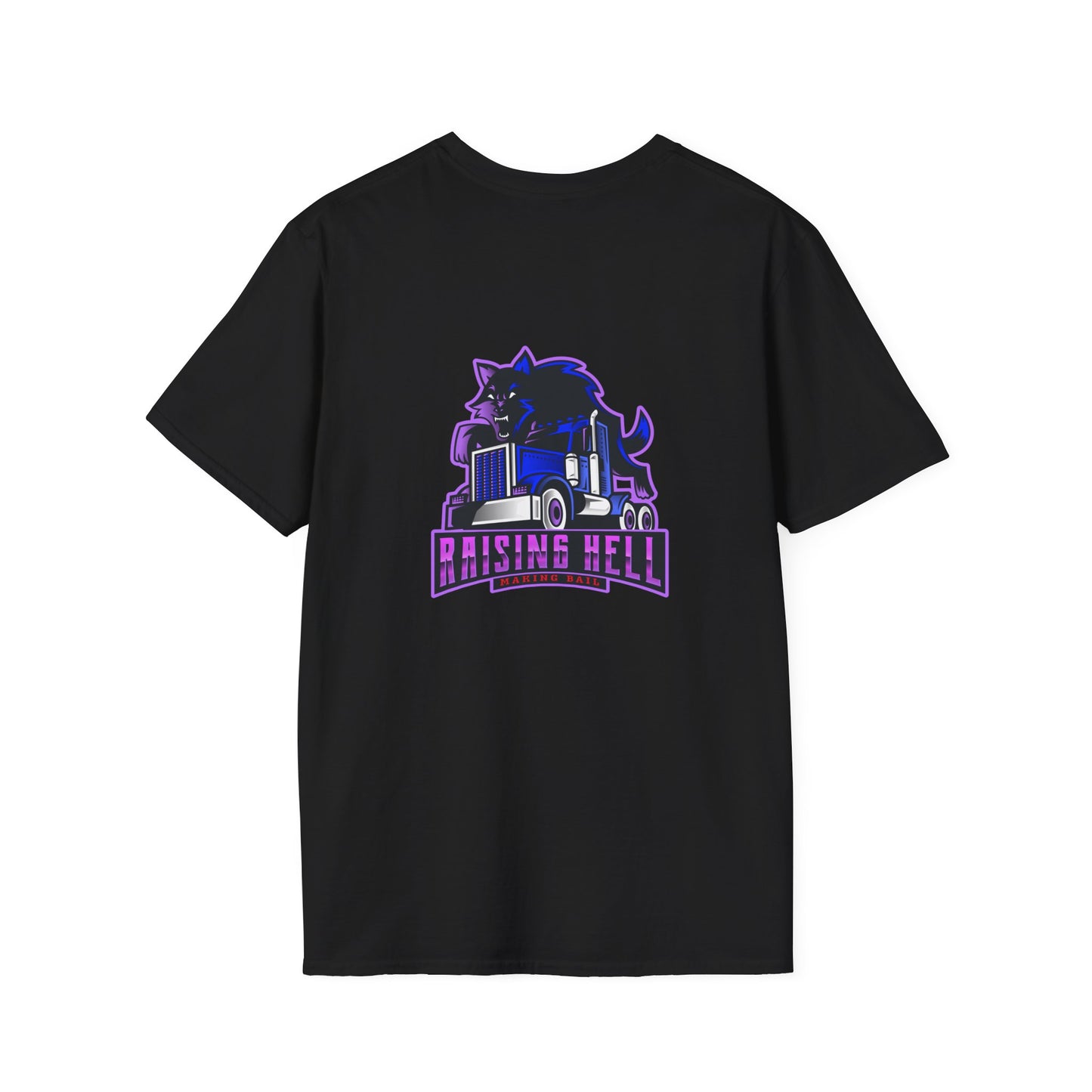 Embrace the daring style of our Unisex Softstyle T-Shirt, featuring a striking design of a long nose truck in blue alongside a purple cat. Highlighted with the bold "Raising Hell" text, this black T-shirt offers both comfort and flair for those eager to make a statement.