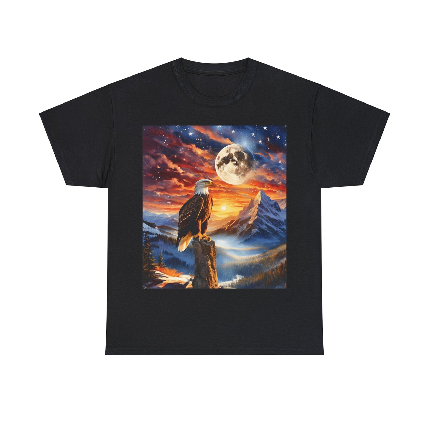 Unisex Heavy Cotton Tee - Unity's Watch: A Bald Eagle's Vigil Beneath the Stars and Stripes