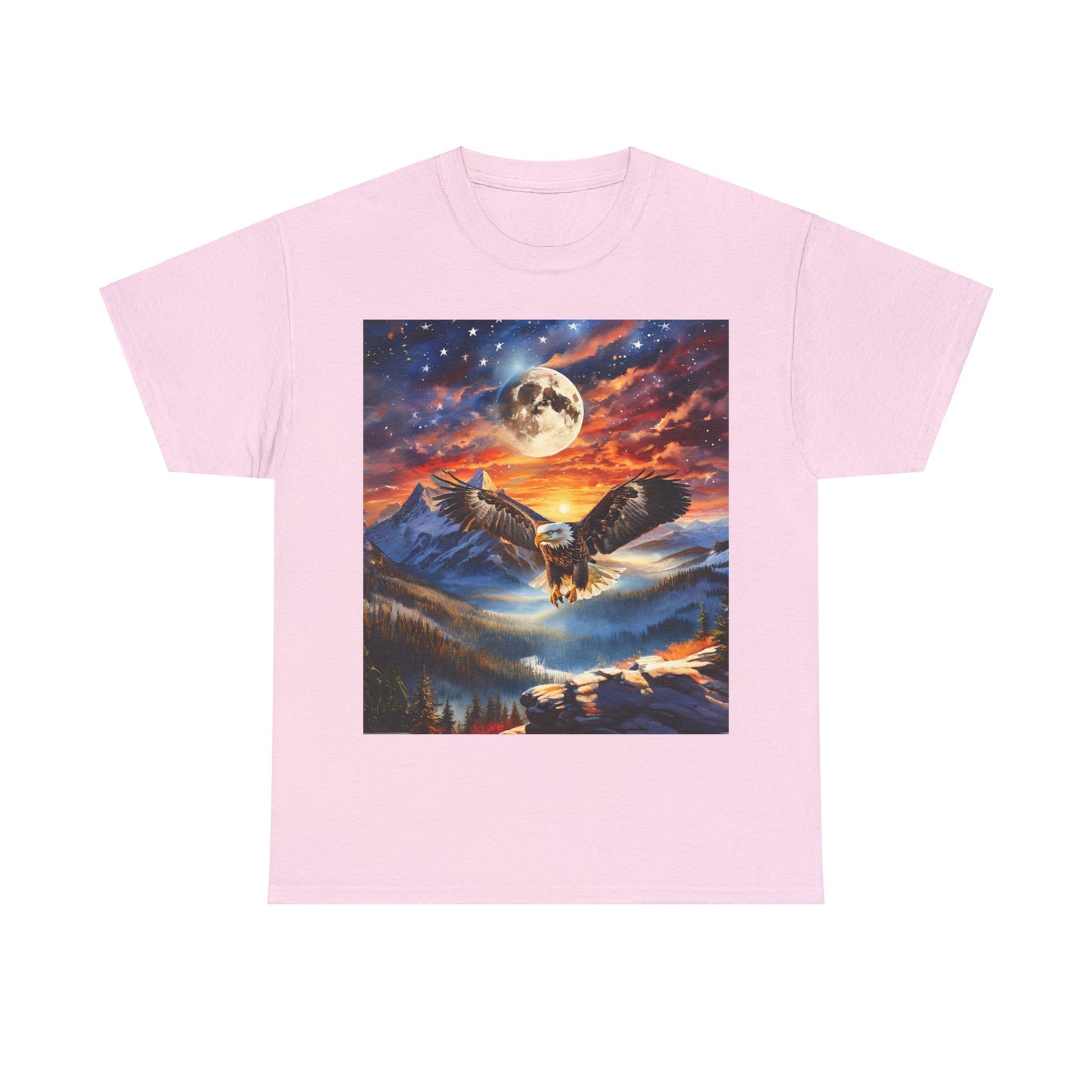 Unisex Heavy Cotton Tee - Stars, Stripes, and Soaring Spirit: A Bald Eagle's Tribute with a graphic of an owl flying over mountains against a moonlit sky, featuring a glowing full moon and colorful clouds. This classic fit piece is crafted from sustainably sourced cotton for ultimate comfort and style.