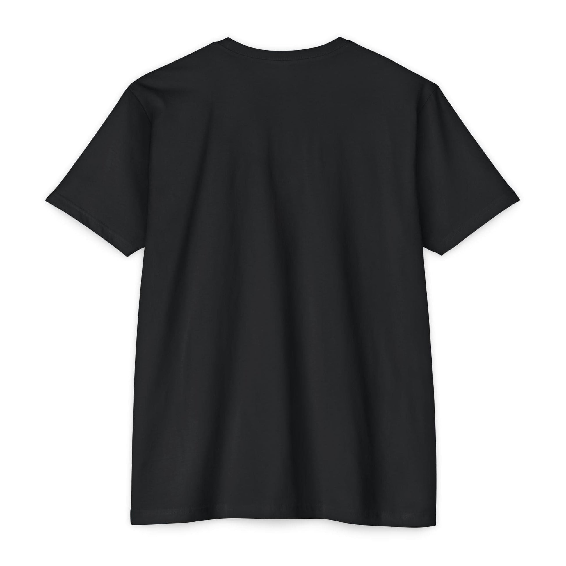 A plain black T-shirt is displayed, shown from the back. The "Unisex CVC Jersey T-shirt - Offended Yet Skeletal Thumbs Up" features a classic fit, short sleeves, and no visible designs or logos.