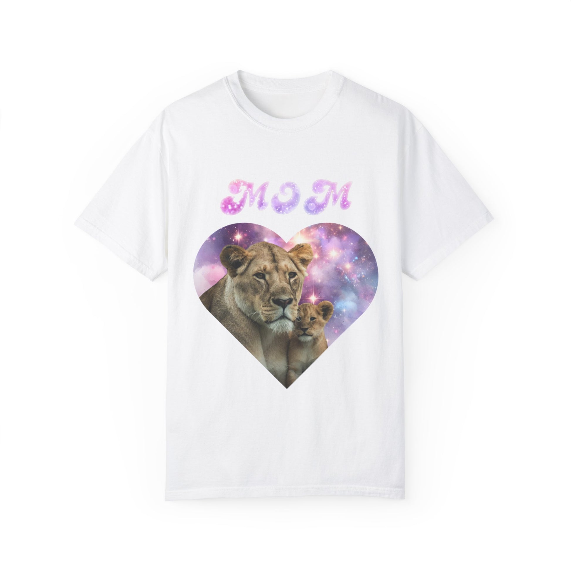 A Stylish Comfort with Unisex Comfort Colors 1717 Garment-Dye- T-shirt- Heart of the Cosmos: Mom's Lioness Legacy with a purple cosmic heart graphic containing an image of a lioness and cub, overlayed with the word "mom" in pink glittery text.