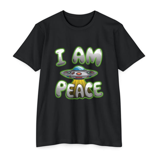 A black UFO T-shirt named "I am piece flying saucer" with the text "I AM PEACE" in green and white stylized letters, featuring a graphic of a flying saucer in the center.