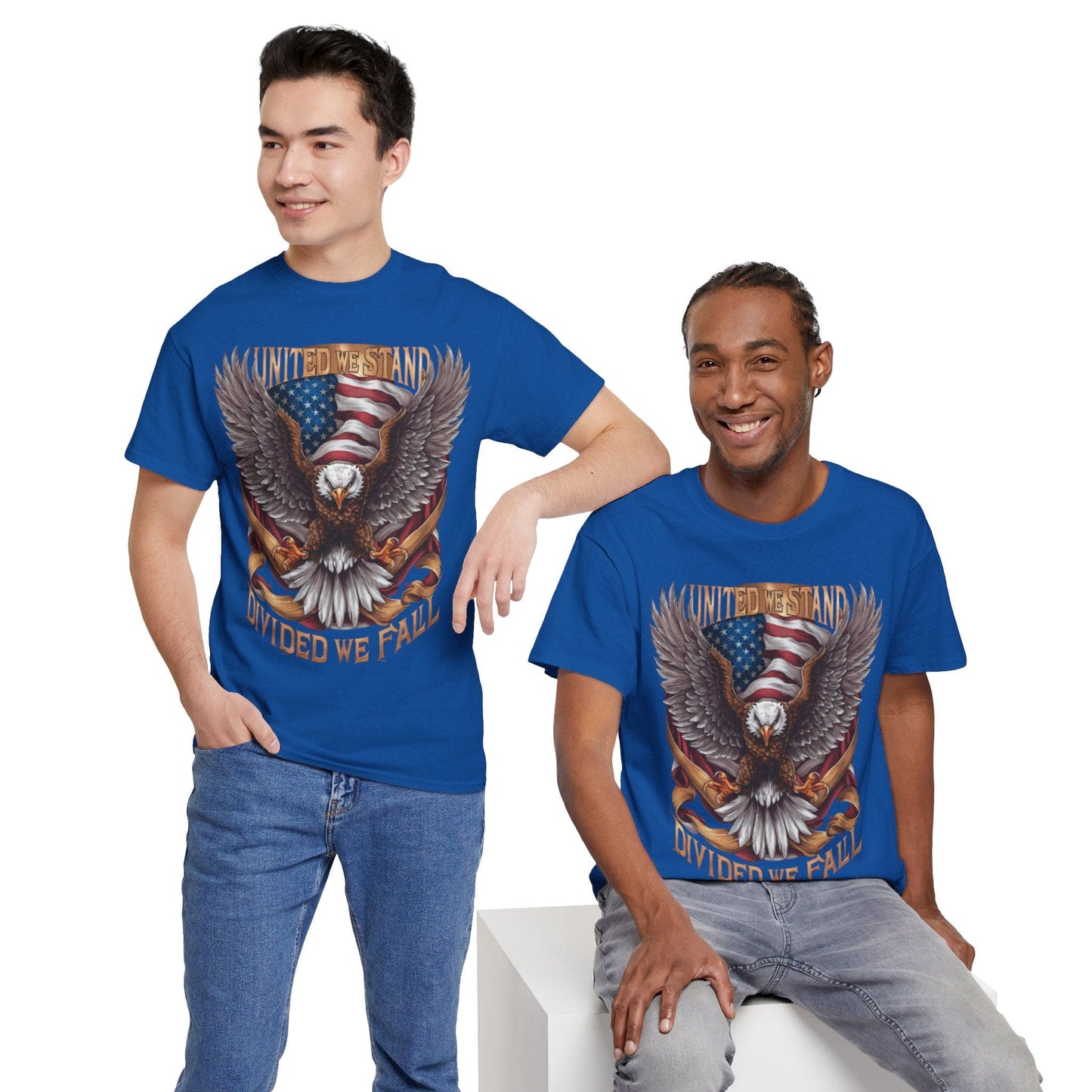 Unisex Heavy Cotton Tee - AMERICA - FLAG AND EAGLE - UNITED WE STAND, DIVIDED WE FALL