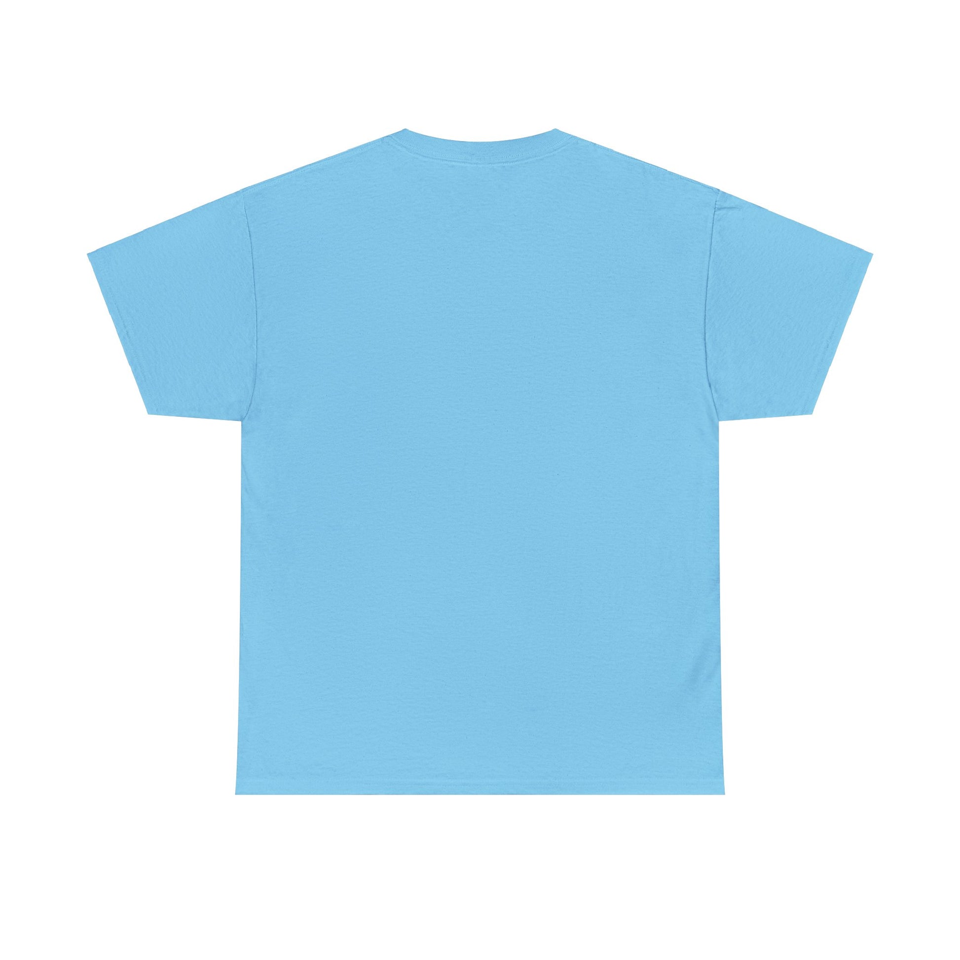 Back view of a Unisex Heavy Cotton T-shirt in light blue, featuring the "Don't Judge Me Elf" design, displayed on a white background.