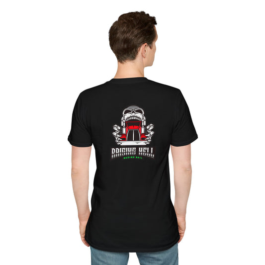 Someone facing away is wearing a 100% cotton Unisex Softstyle T-Shirt that showcases a skull and engine design alongside the text "Double Hell Custom Garage Renner Hall." It's an ideal choice for enthusiasts of BIG RIG TRUCK style.