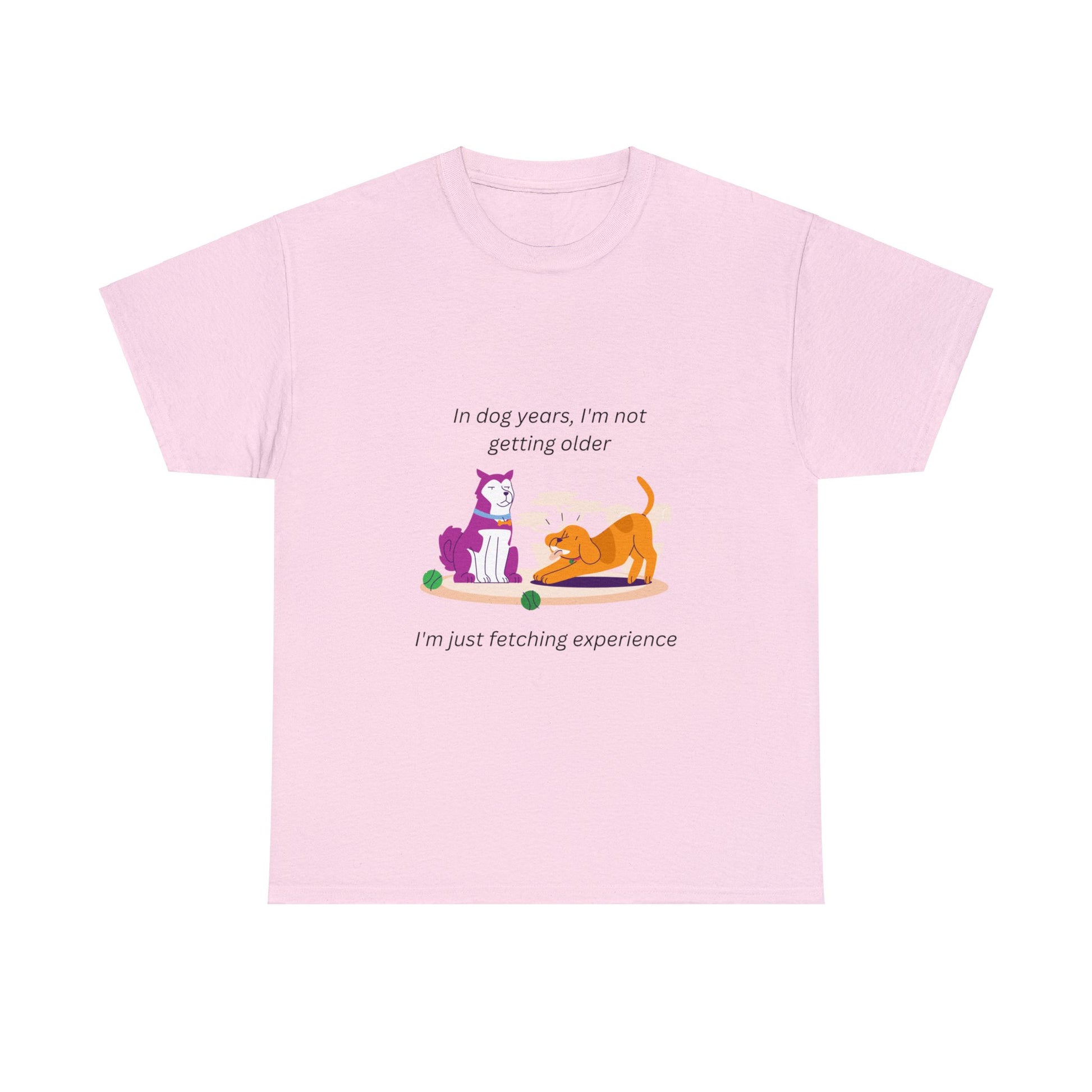 A  pink shirt that says "I'm not getting old; in dog years I'm fetching experience." With a silly cartoon of two dogs. One serious, the other playful