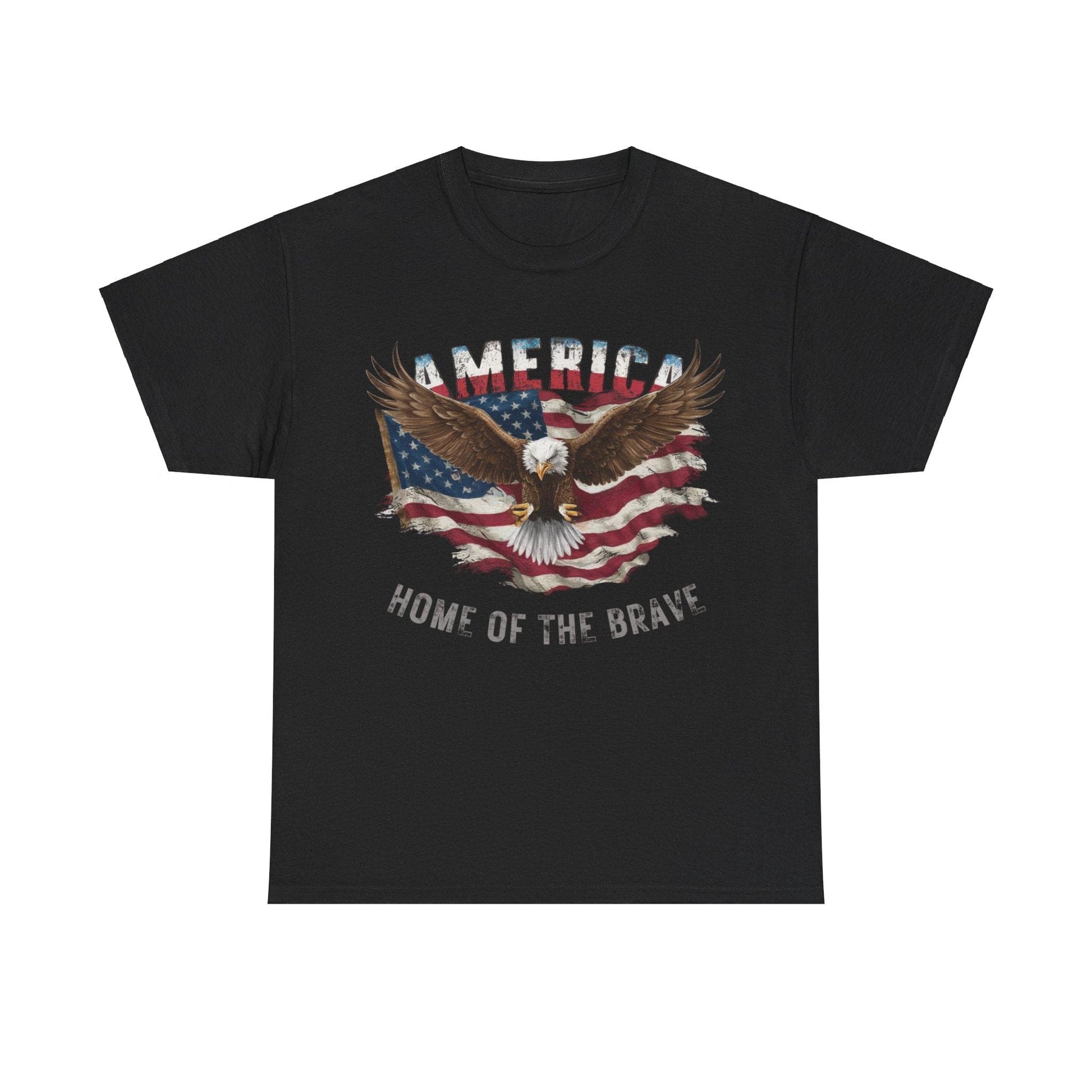 Unisex Heavy Cotton Tee in black, showcasing a striking eagle and American flag design. The text boldly declares "AMERICA" and "HOME OF THE BRAVE.