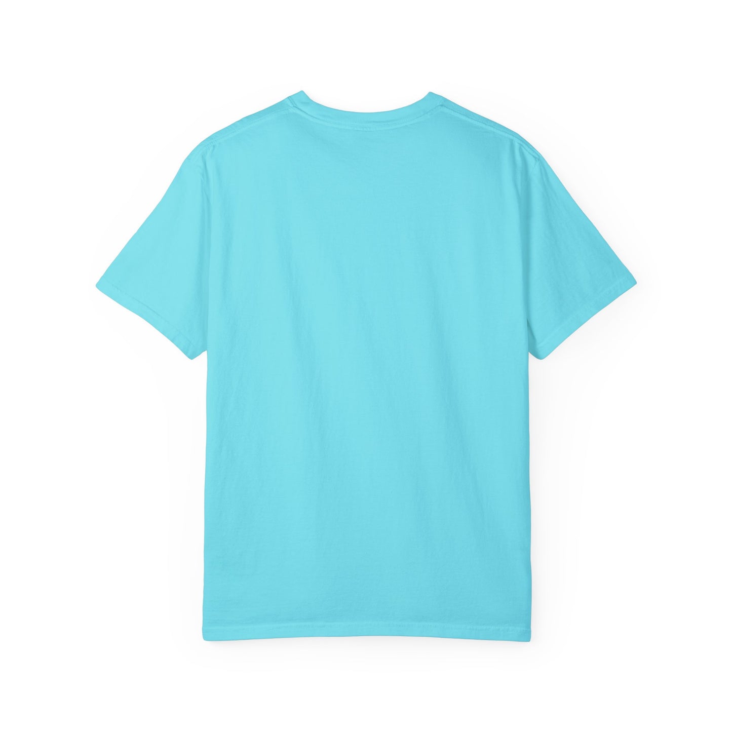 The "Stylish Comfort with Unisex Comfort Colors 1717 Garment-Dyed T-Shirt - Living that Mom Life" is showcased from the back against a white background, featuring a plain light blue design crafted from soft ring-spun cotton.