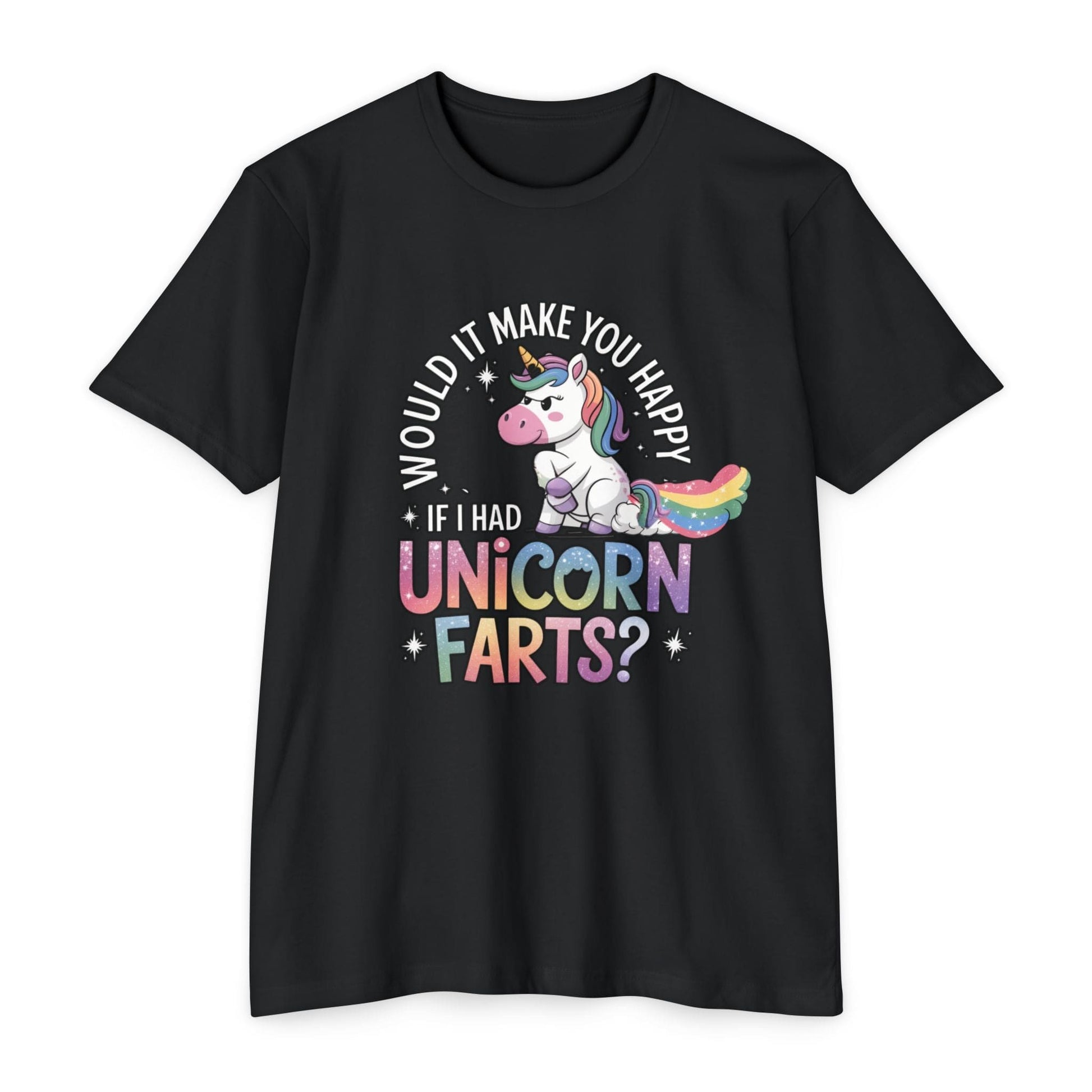 A Unicorn Farting Rainbow T-shirt in black, featuring a unicorn farting a rainbow with the text "Would it make you happy if I had unicorn farts?" printed in vibrant colors. This quirky piece is perfect for those who love a touch of playful whimsy.