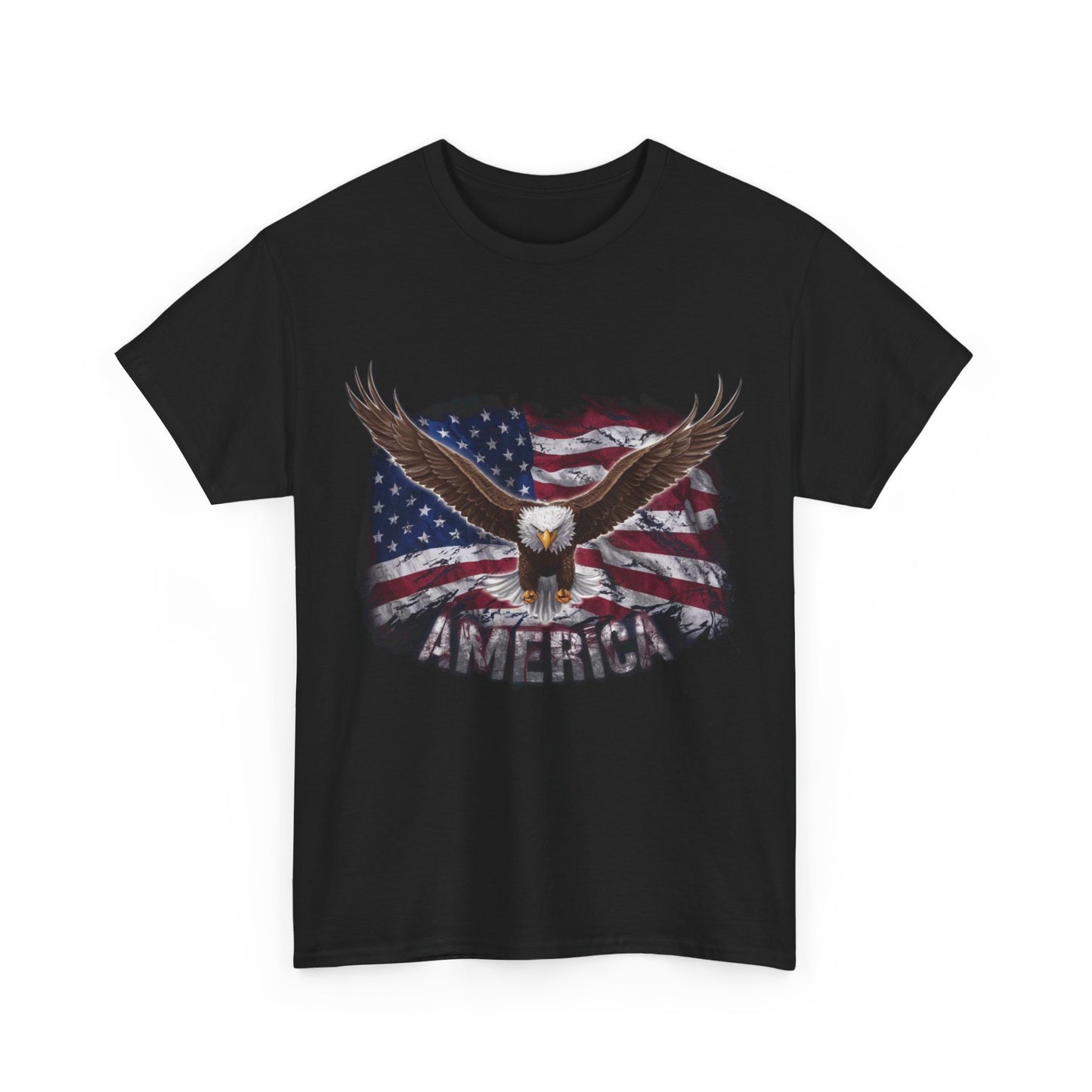 **Unisex Heavy Cotton Tee - AMERICA - FLAG AND EAGLE** featuring an eagle with outspread wings, an American flag background, and the word "America" printed below. This shirt boasts a crew neckline and is made from sustainably sourced US cotton.