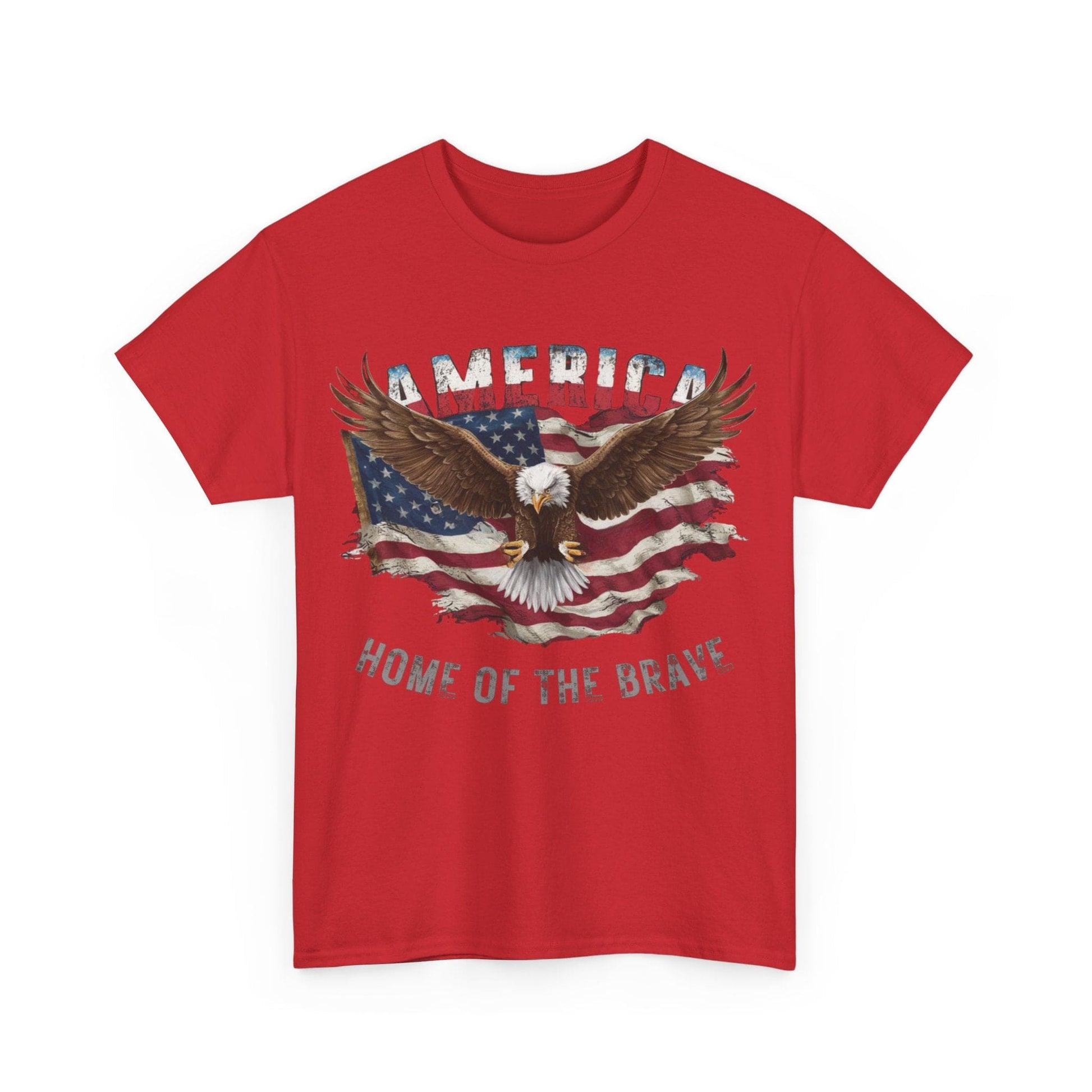 Unisex Heavy Cotton Tee in red showcasing an eagle with spread wings over a weathered American flag, adorned with the bold white text "America Home of the Brave.