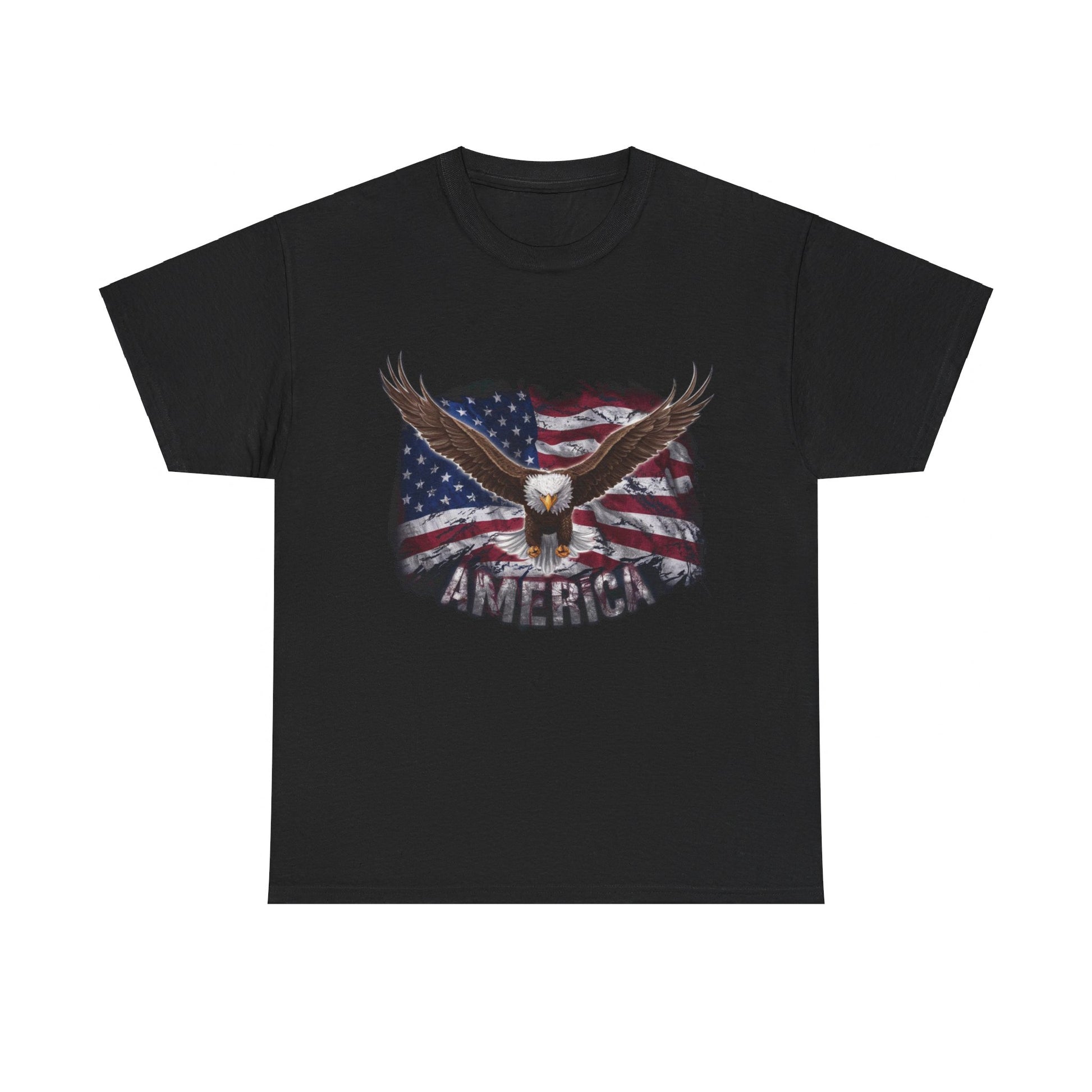 Unisex Heavy Cotton Tee - AMERICA - FLAG AND EAGLE with a design of a bald eagle and the American flag, featuring the text "America" underneath. Crafted from sustainably sourced US cotton for ultimate comfort.