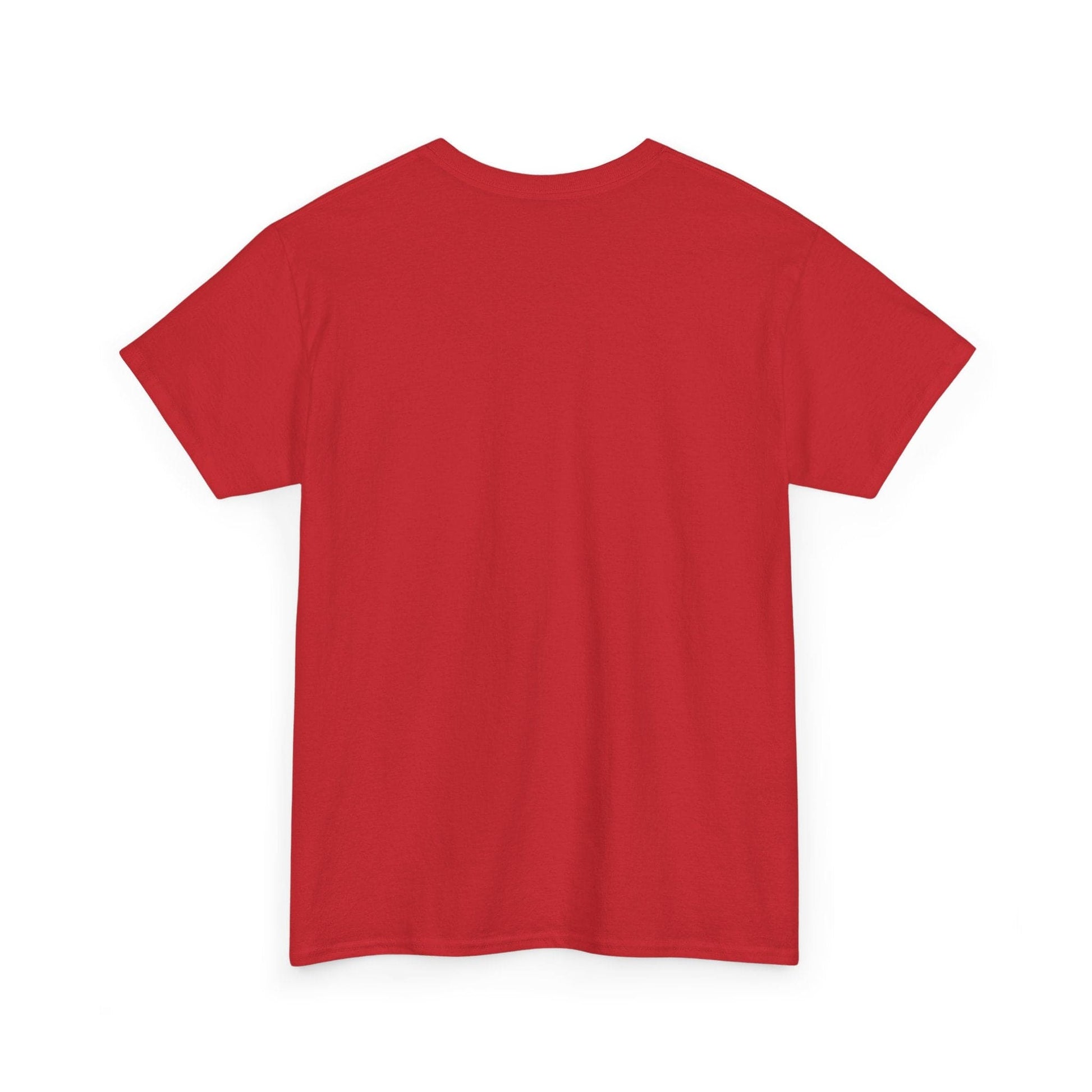 The Unisex Heavy Cotton Tee - AMERICA - FLAG AND EAGLE - HOME OF THE BRAVE is showcased from the back, featuring a simple design in plain red, made from soft US cotton without any logos or text.