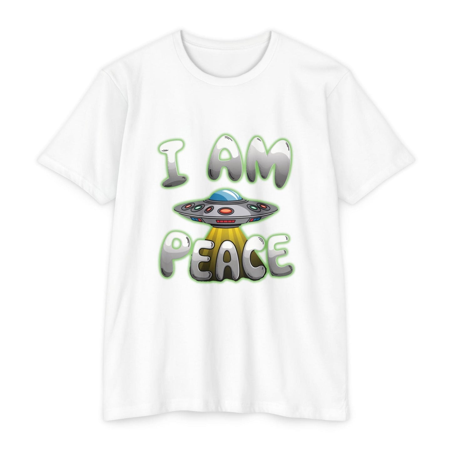 White T-shirt called "UFO T-shirt I am piece flying saucer," featuring a quirky design with the text "I AM PEACE" and an image of a UFO, perfect for any science fiction enthusiast.