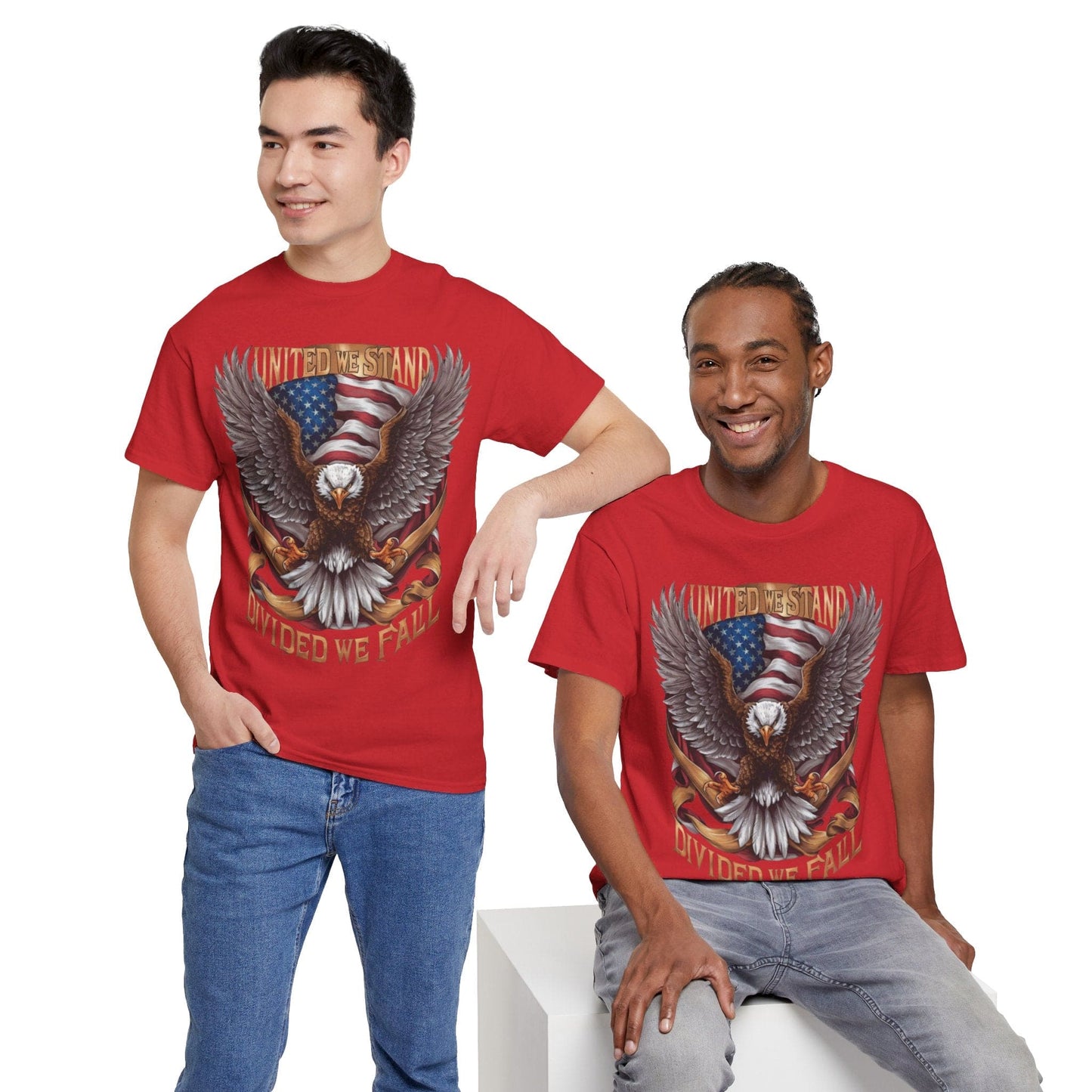 Unisex Heavy Cotton Tee - AMERICA - FLAG AND EAGLE - UNITED WE STAND, DIVIDED WE FALL