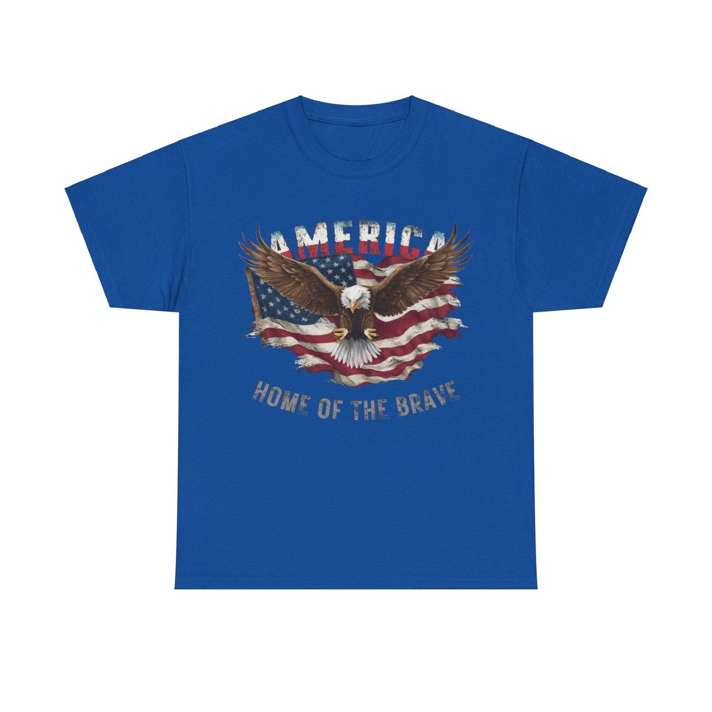 The Unisex Heavy Cotton Tee - AMERICA - FLAG AND EAGLE - HOME OF THE BRAVE is crafted from premium US cotton and features an eagle, an American flag design, and the words "America" and "Home of the Brave." This classic-fit tee combines comfort with patriotism seamlessly.