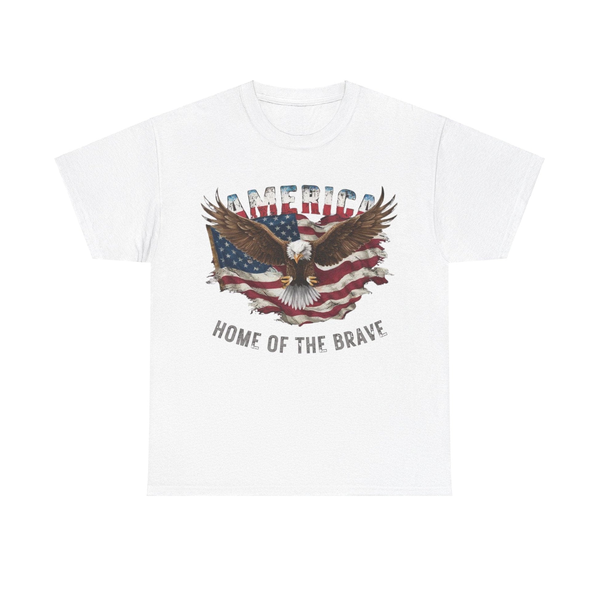 This unisex heavy cotton tee, named "AMERICA - FLAG AND EAGLE - HOME OF THE BRAVE," is made from soft US cotton and showcases a bald eagle soaring over the American flag with the inspiring text "America Home of the Brave.