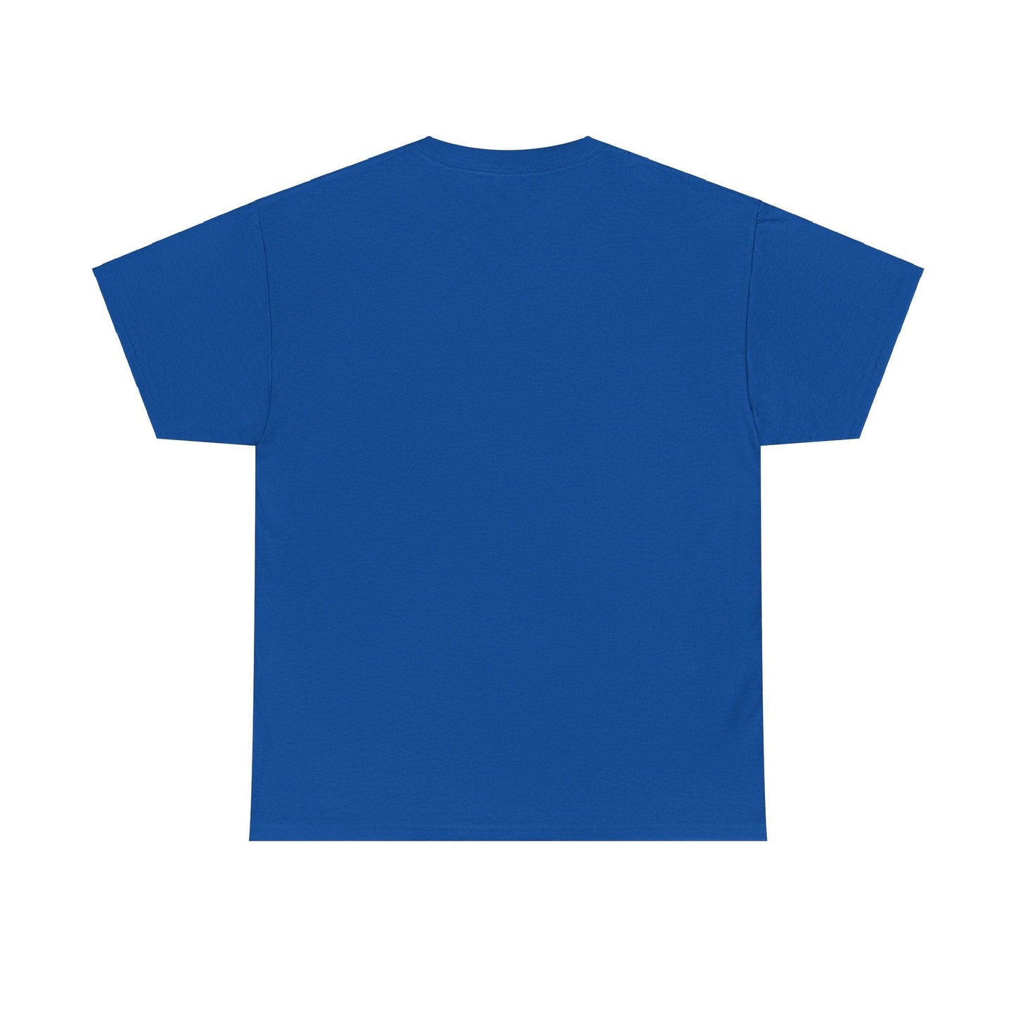 A plain blue T-shirt, made from premium US cotton, is displayed on a white background and shown from the back.