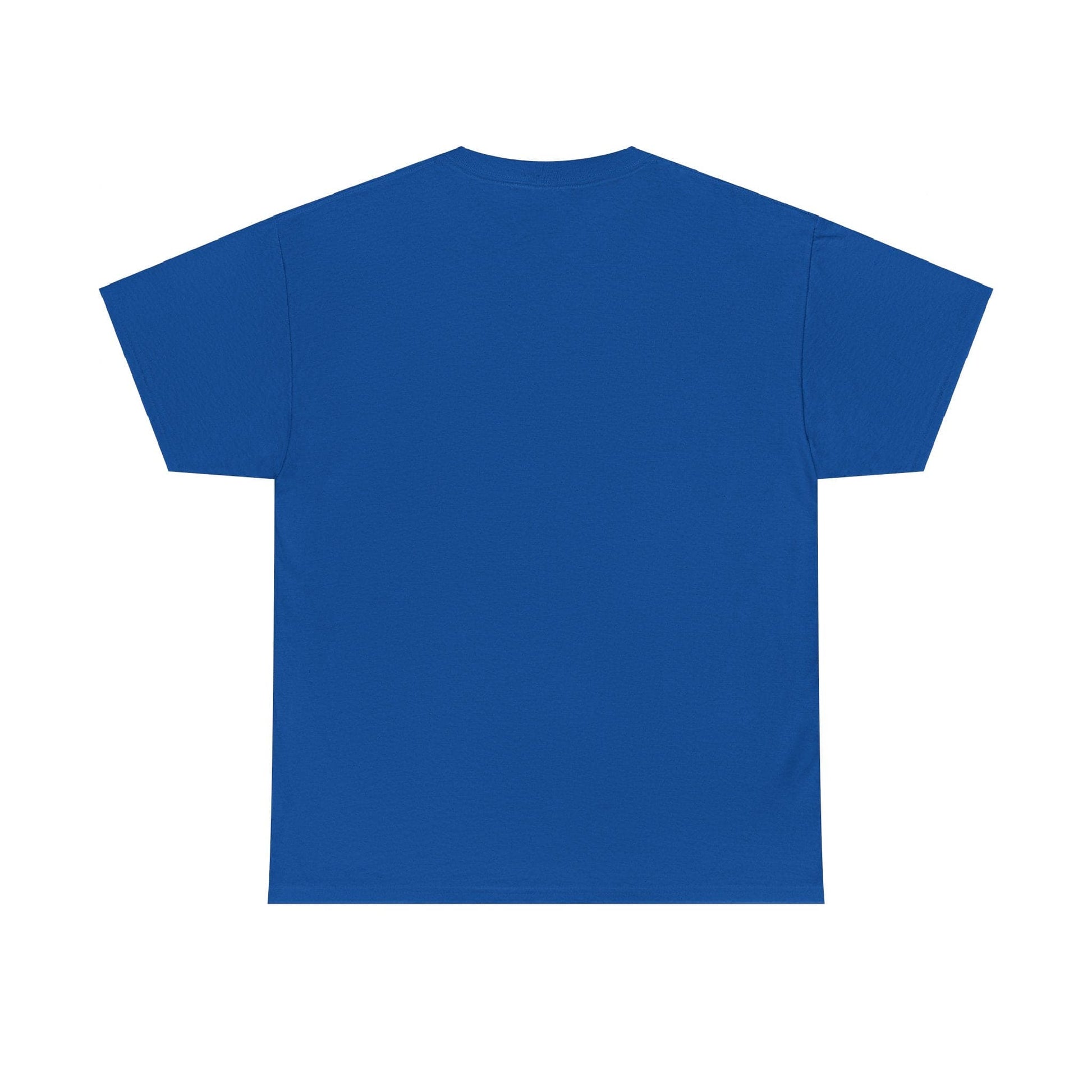 A plain blue T-shirt, made from premium US cotton, is displayed on a white background and shown from the back.