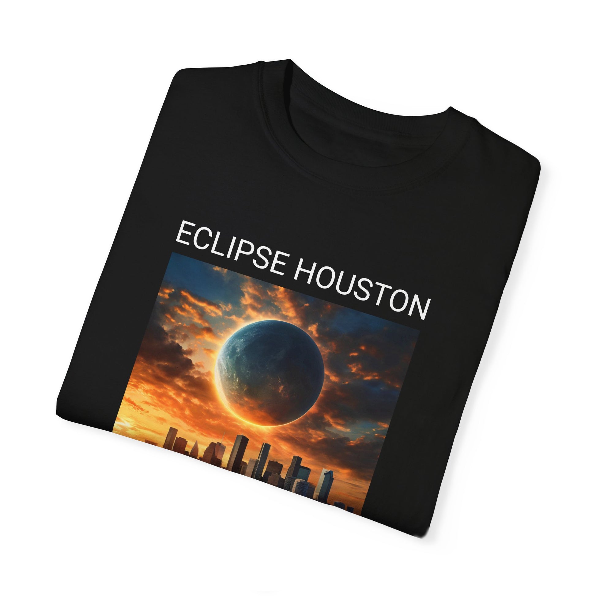 Unveiling the Stylish Comfort unisex garment-dyed T-shirt, featuring the "Eclipse Houston 2024" design with a bold eclipse over a city skyline at sunset. This Comfort Colors 1717 tee is made from soft, ring-spun cotton, offering exceptional style and unrivaled comfort.