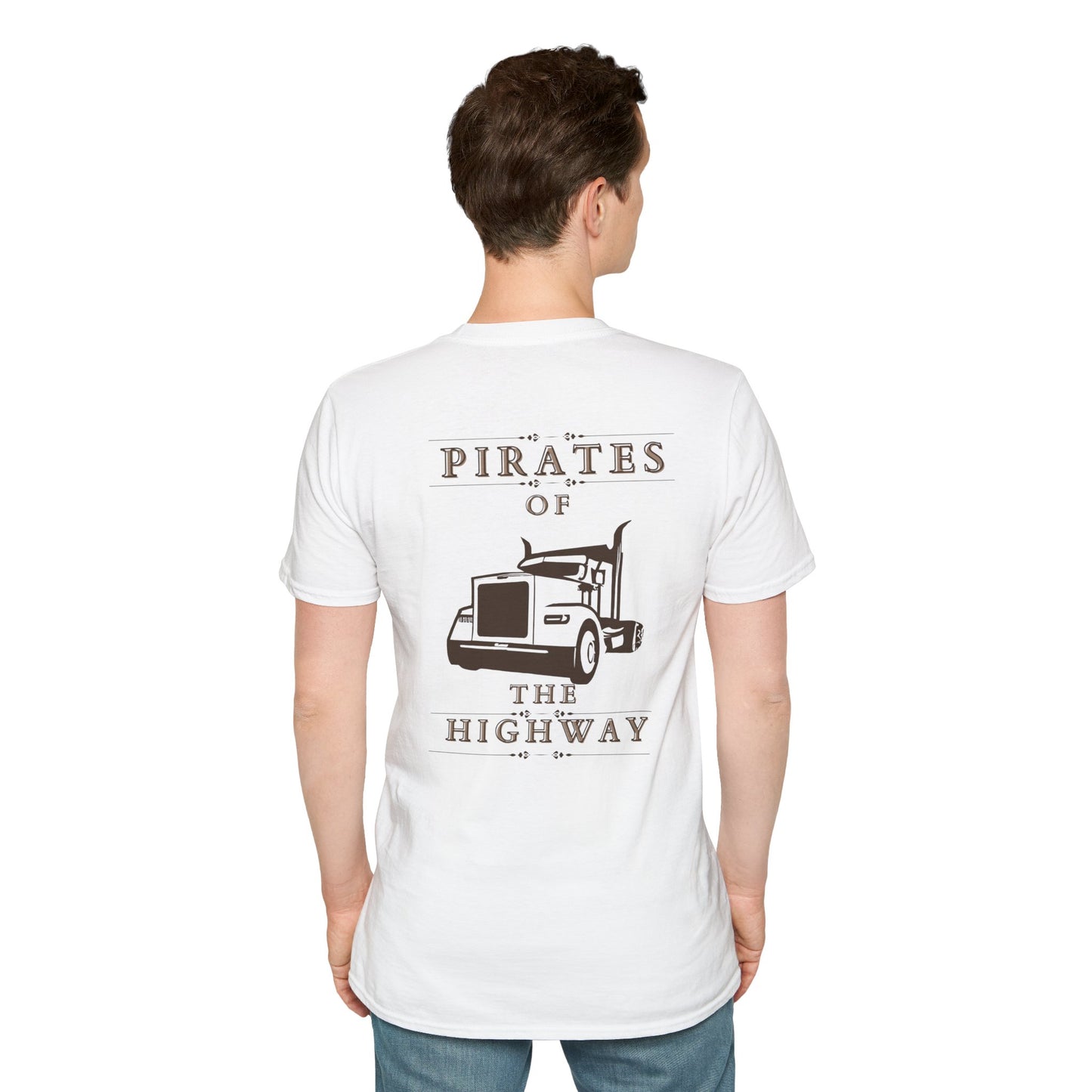 A man wearing a white unisex softstyle t-shirt featuring a graphic of a brown long nose truck and the text "Pirates of the Highway" on the back.