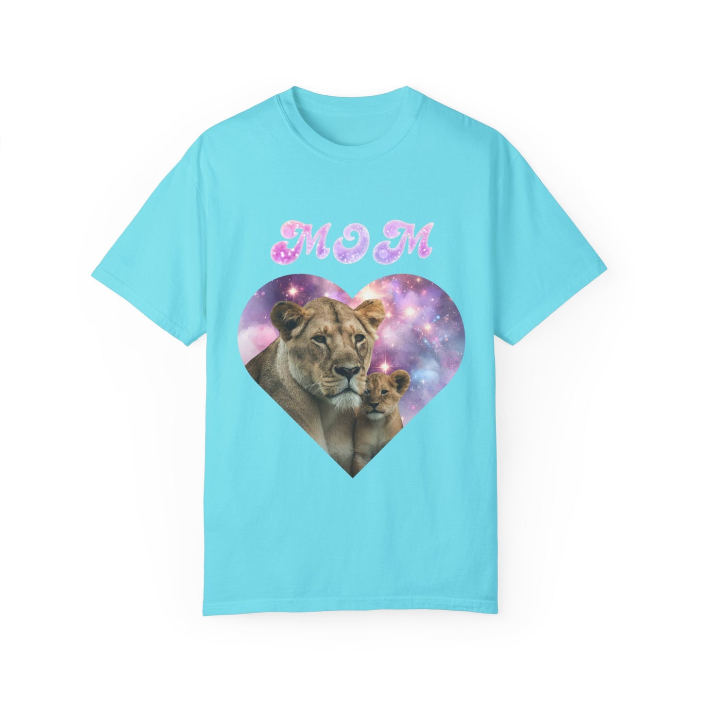 A Stylish Comfort with Unisex Comfort Colors 1717 Garment-Dye- T-shirt- Heart of the Cosmos: Mom's Lioness Legacy in light blue with a heart-shaped design showcasing a lioness and her cub, topped with the word "mom" in sparkly pink text.