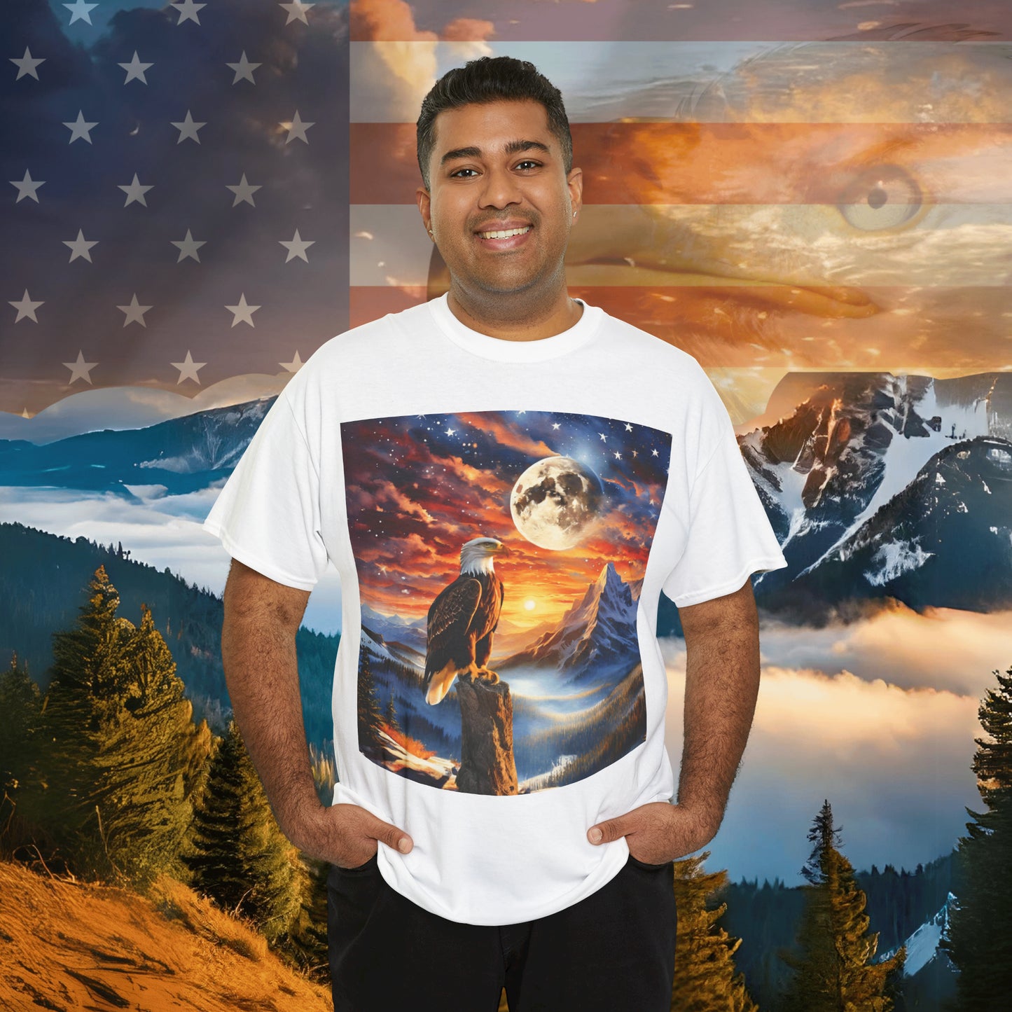 Unisex Heavy Cotton Tee - Unity's Watch: A Bald Eagle's Vigil Beneath the Stars and Stripes