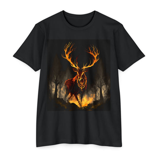 Introducing the Buck fire1 Black T-shirt, showcasing a striking graphic of a fiery stag with glowing antlers set against a dark forest background. Crafted from 100% cotton, it offers a soft, comfortable feel and is designed with a classic fit for timeless style.