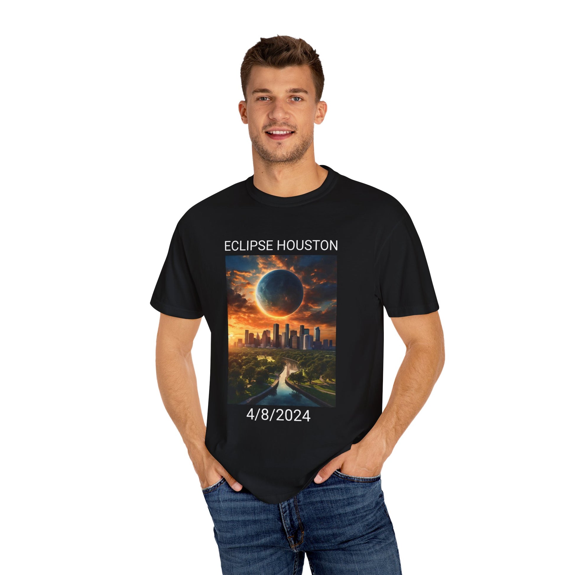 A man wears the Stylish Comfort Unisex Comfort Colors 1717 Garment-Dyed T-Shirt, showcasing a sleek black design with an eclipse and Houston city skyline, embellished with "Eclipse Houston 4/8/2024." Crafted from soft, ring-spun cotton for superior comfort.