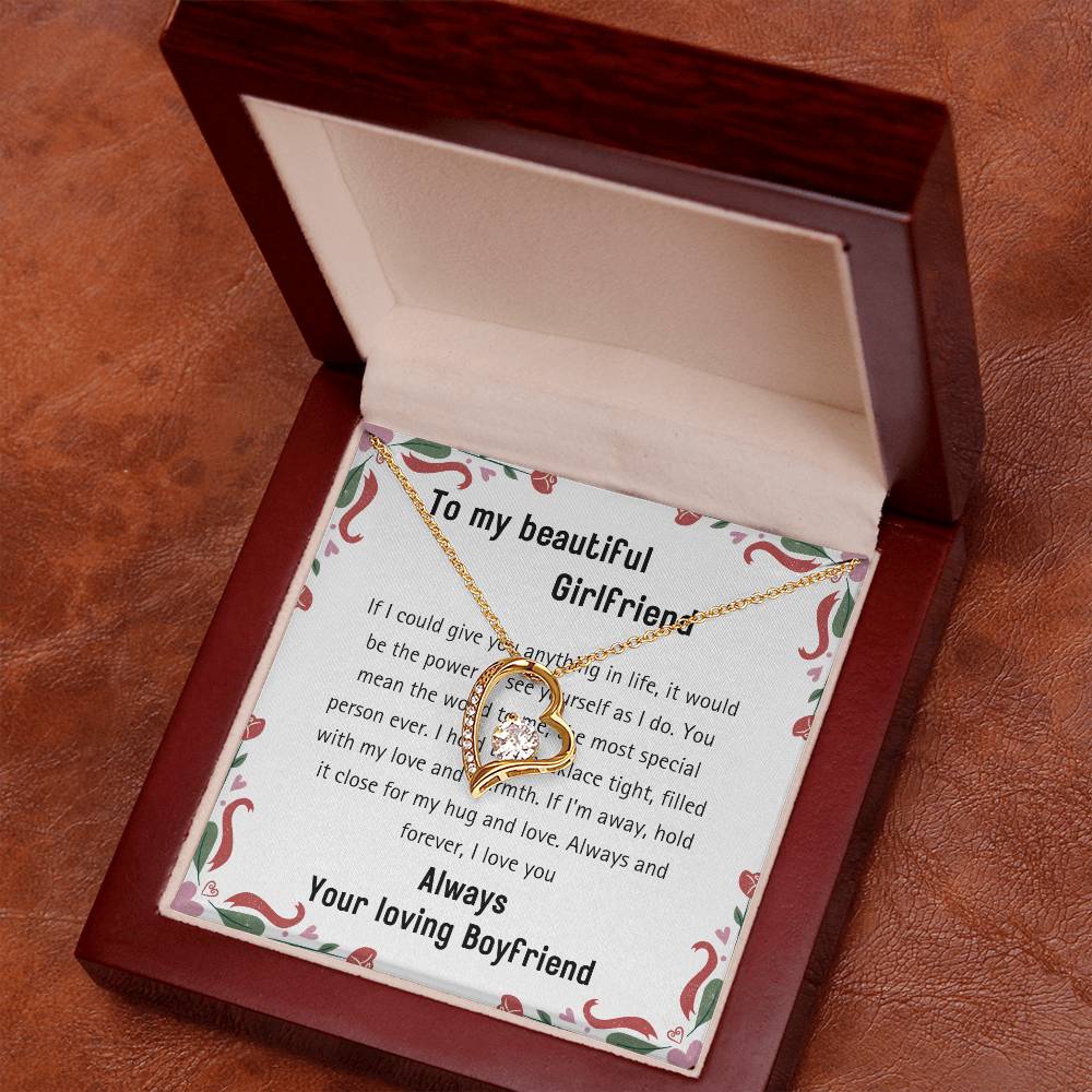 An elegantly displayed necklace with a gold finish and a "B"-shaped pendant is showcased in an open jewelry box. Behind it, a printed message from a boyfriend to his girlfriend reads, "20240114_112056_0001 Forever love necklace," capturing the essence of everlasting affection.