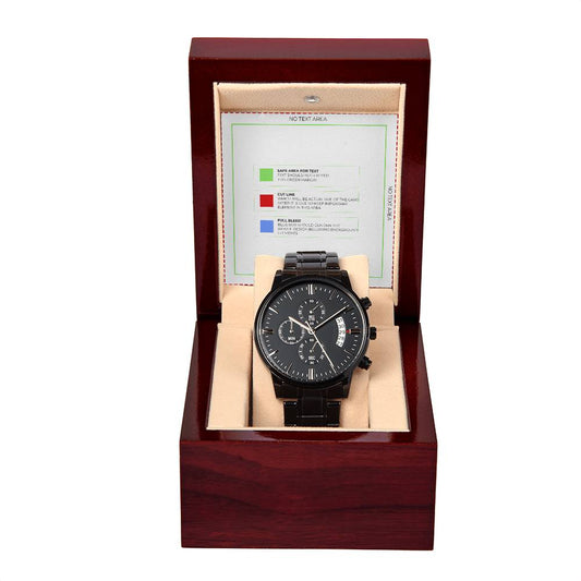 Black Chronograph Watch with Mahogany Box