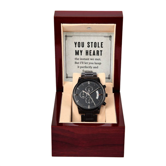 My man-You stole my heart Black Chronograph Watch with Mahogany Box