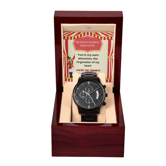 Open wok watch_20240122_083619_0000 Black Chronograph Watch with Mahogany Box