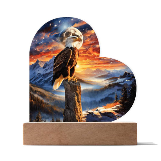 Acrylic heart Plaque- Unity's watch: a bald eagle's vigil beneath the stars and stripes