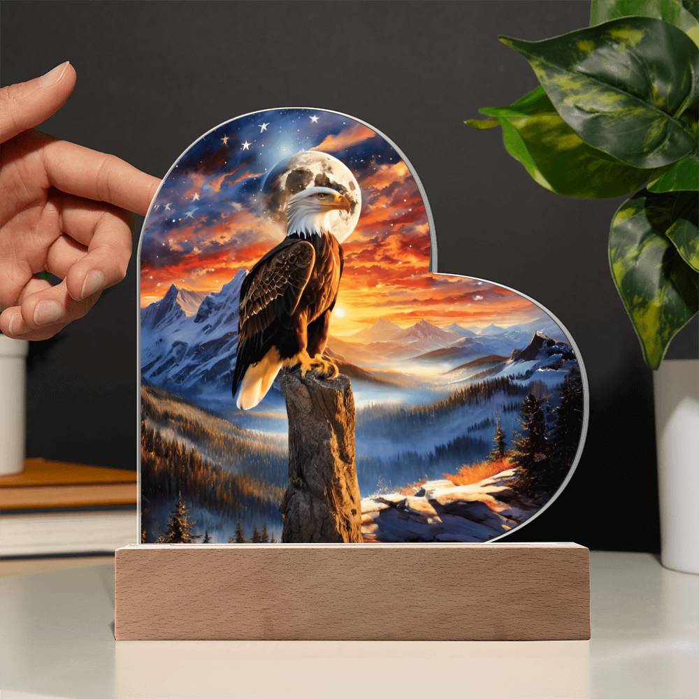 Acrylic heart Plaque- Unity's watch: a bald eagle's vigil beneath the stars and stripes