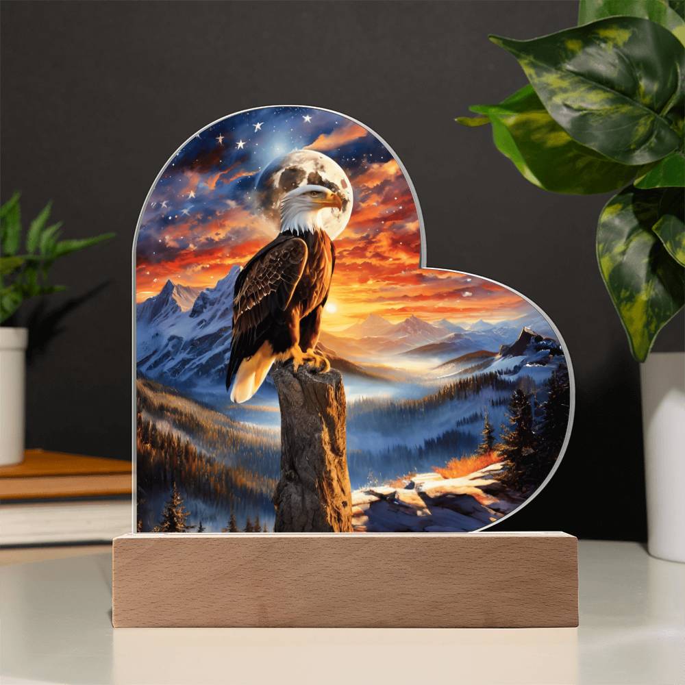 Acrylic heart Plaque- Unity's watch: a bald eagle's vigil beneath the stars and stripes