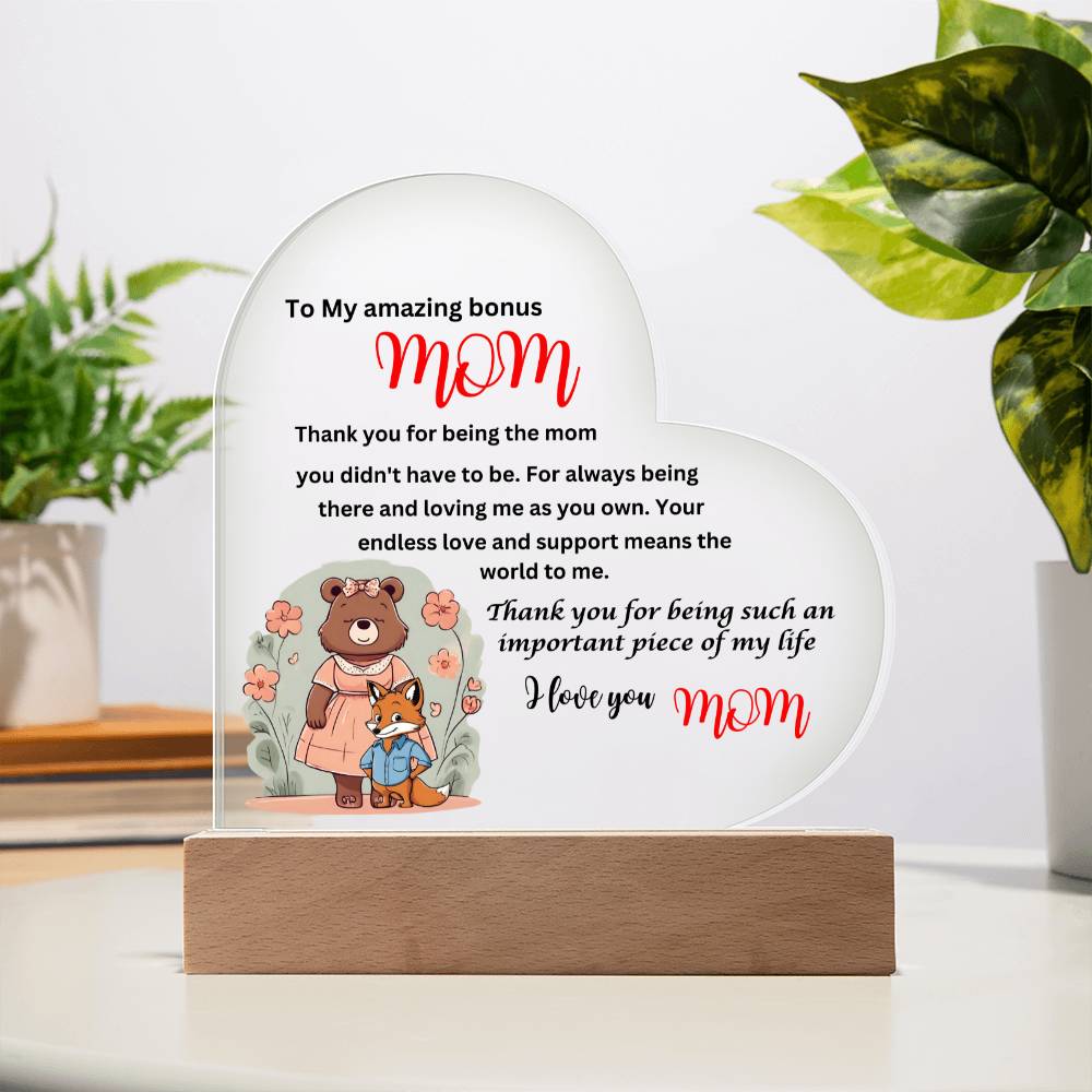 to my amazing bonus mom from son acrylic heart with wooden base