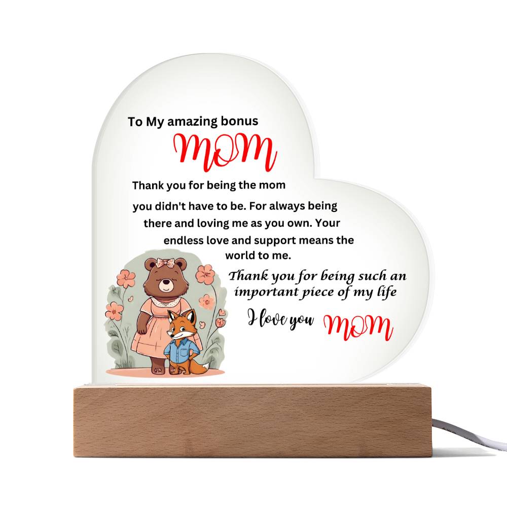 to my amazing bonus mom from son acrylic heart with wooden base