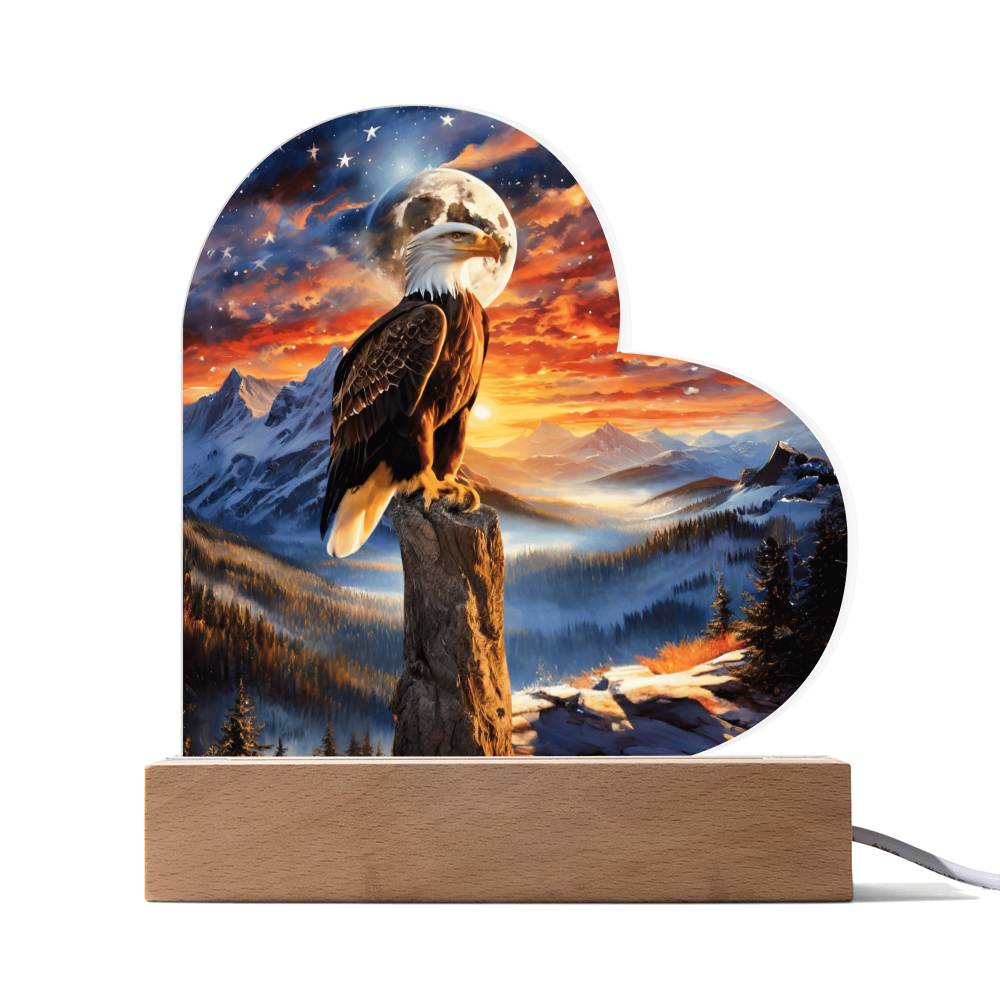 Acrylic heart Plaque- Unity's watch: a bald eagle's vigil beneath the stars and stripes