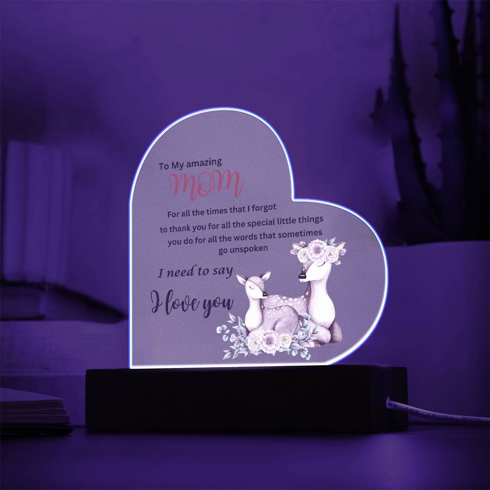 A heart-shaped LED light with an image of a llama, perfect for To my amazing mom i need to say i love you deer acrylic heart plaque with wooden base.