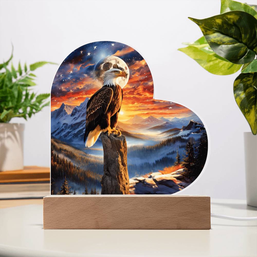 Acrylic heart Plaque- Unity's watch: a bald eagle's vigil beneath the stars and stripes